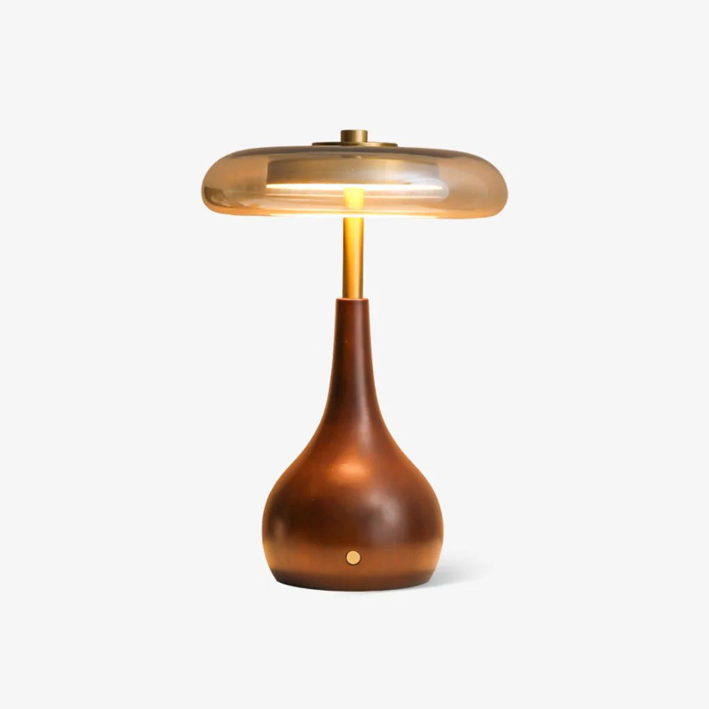 Настольный светильник Theo - ∅22см x 25см, орех, янтарь, USB-разъем