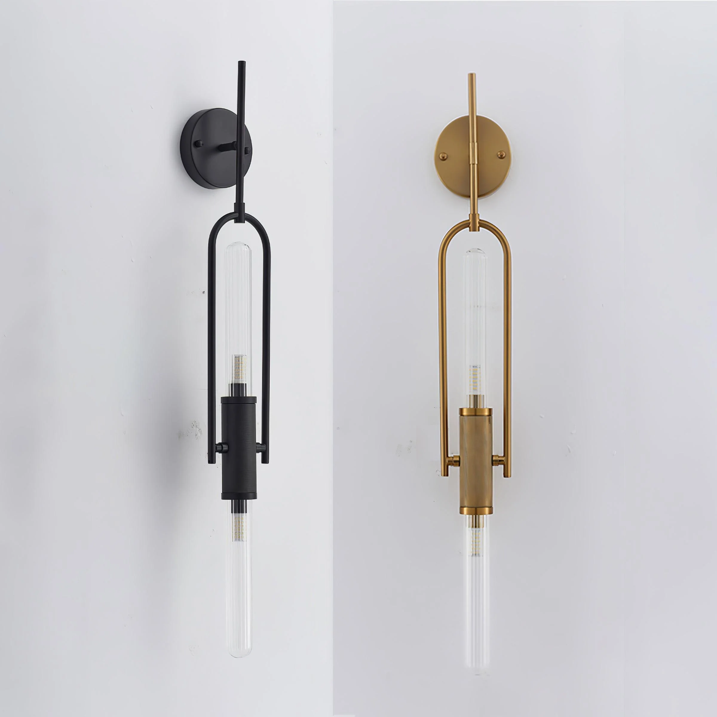 Long Arc Glass Wall Lamp - ∅ 4.7″ x H 39.4″ / Dia 12cm x H 100cm Set of 2 / Brass & Clear