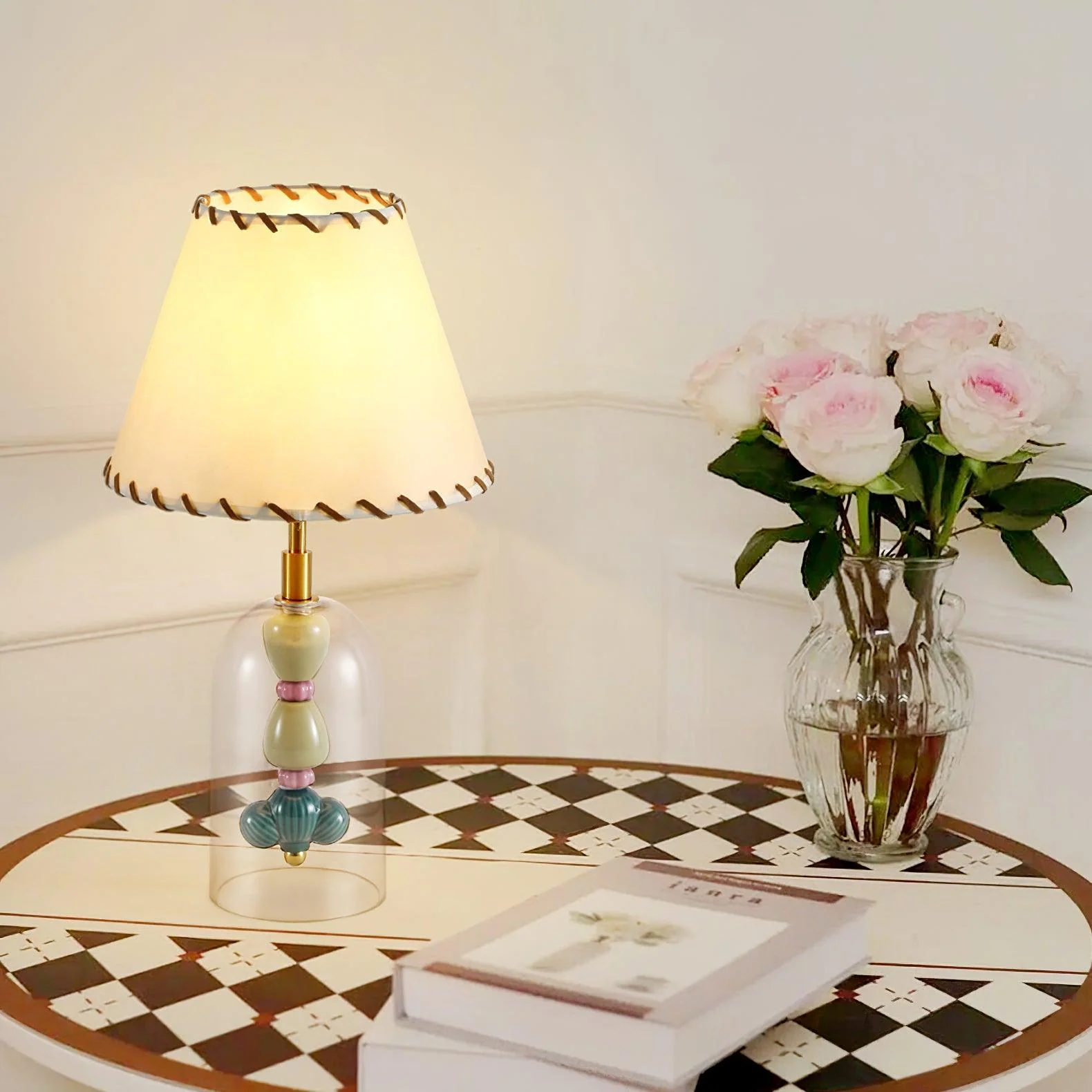 Lenny Bedside Table Lamp - ∅ 9.8″ x H 18.1″ / Dia 25cm x H 46cm / Clear+Beige / UK plug