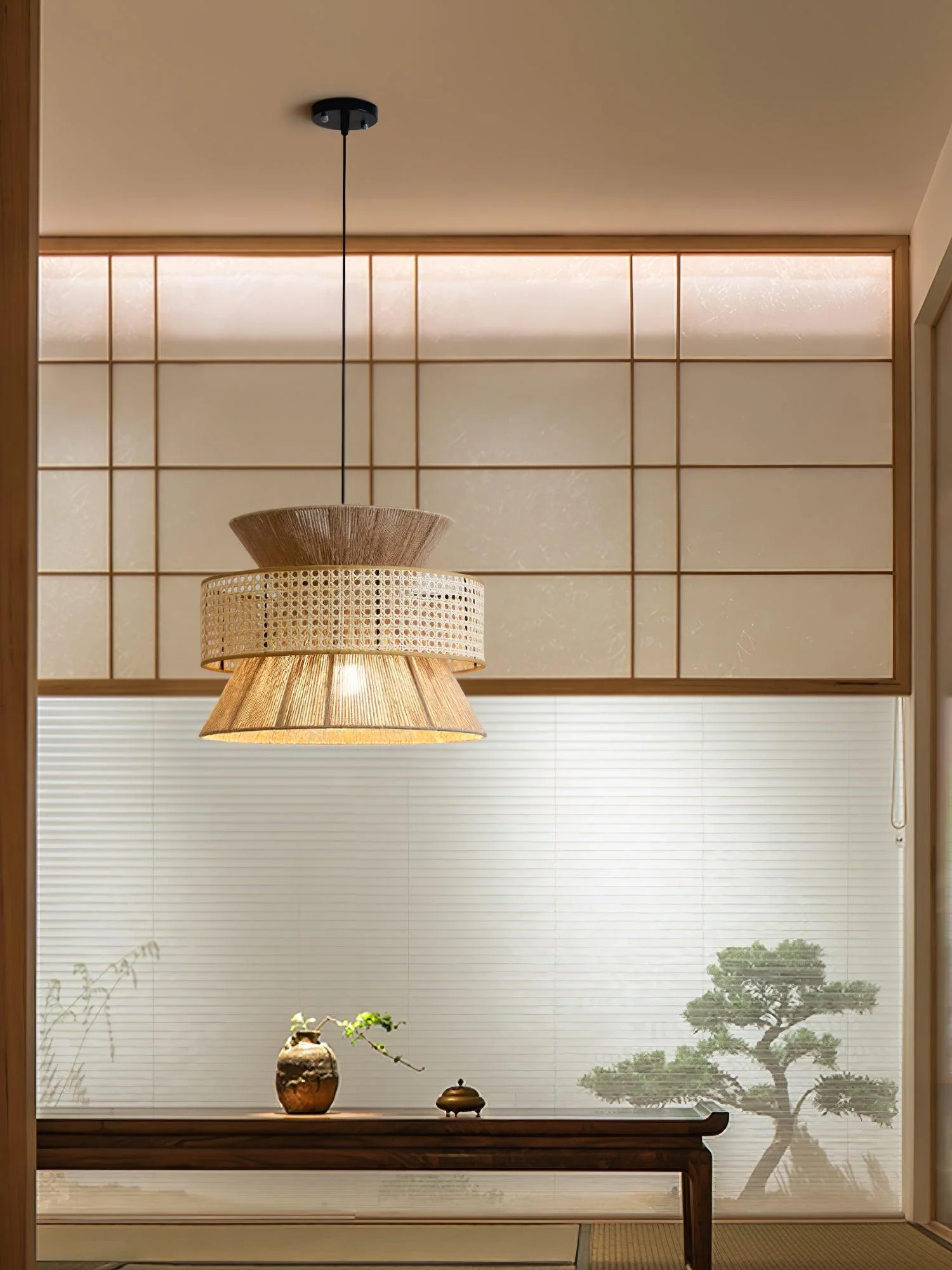 Подвесной светильник Rattan Bamboo - ∅60см x 45см, натуральный ротанг, черный бамбук