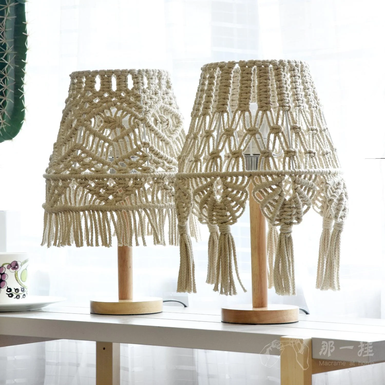 Macrame Table Lamp - ∅ 11″ x H 15.7″ / Dia 28cm x H 40cm / White / AU plug