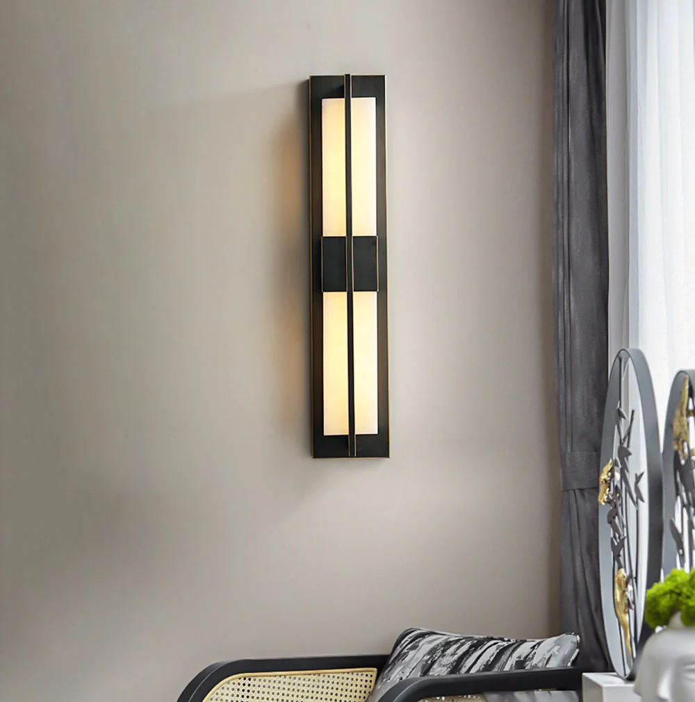 Rectangular Alabaster Brass Wall Sconce - ∅ 4.7″ x H 31.5″ / Dia 12cm x H 80cm / Black & Warm Light / Set Of 2
