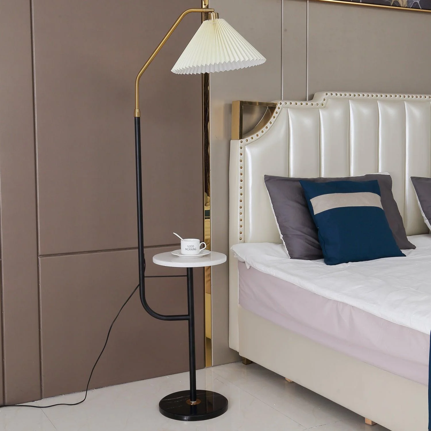 Ozz Floor Lamp - Wooden desktop: W 21.7″ x H 65″ / W 55cm x H 165cm / Beige & Black & Gold / AU plug