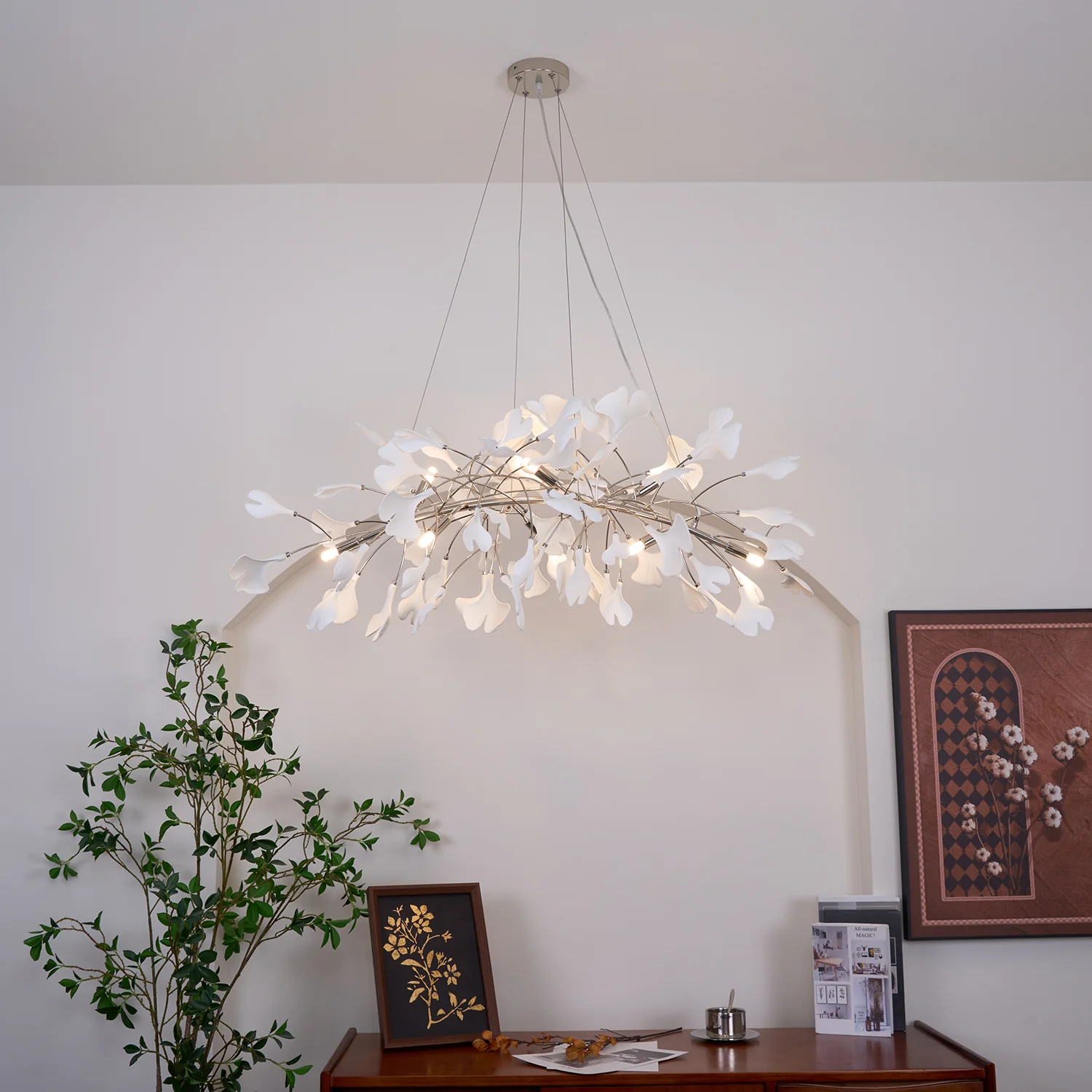 Люстра Gingko N - 180см x 70см x 55см, никель, белый
