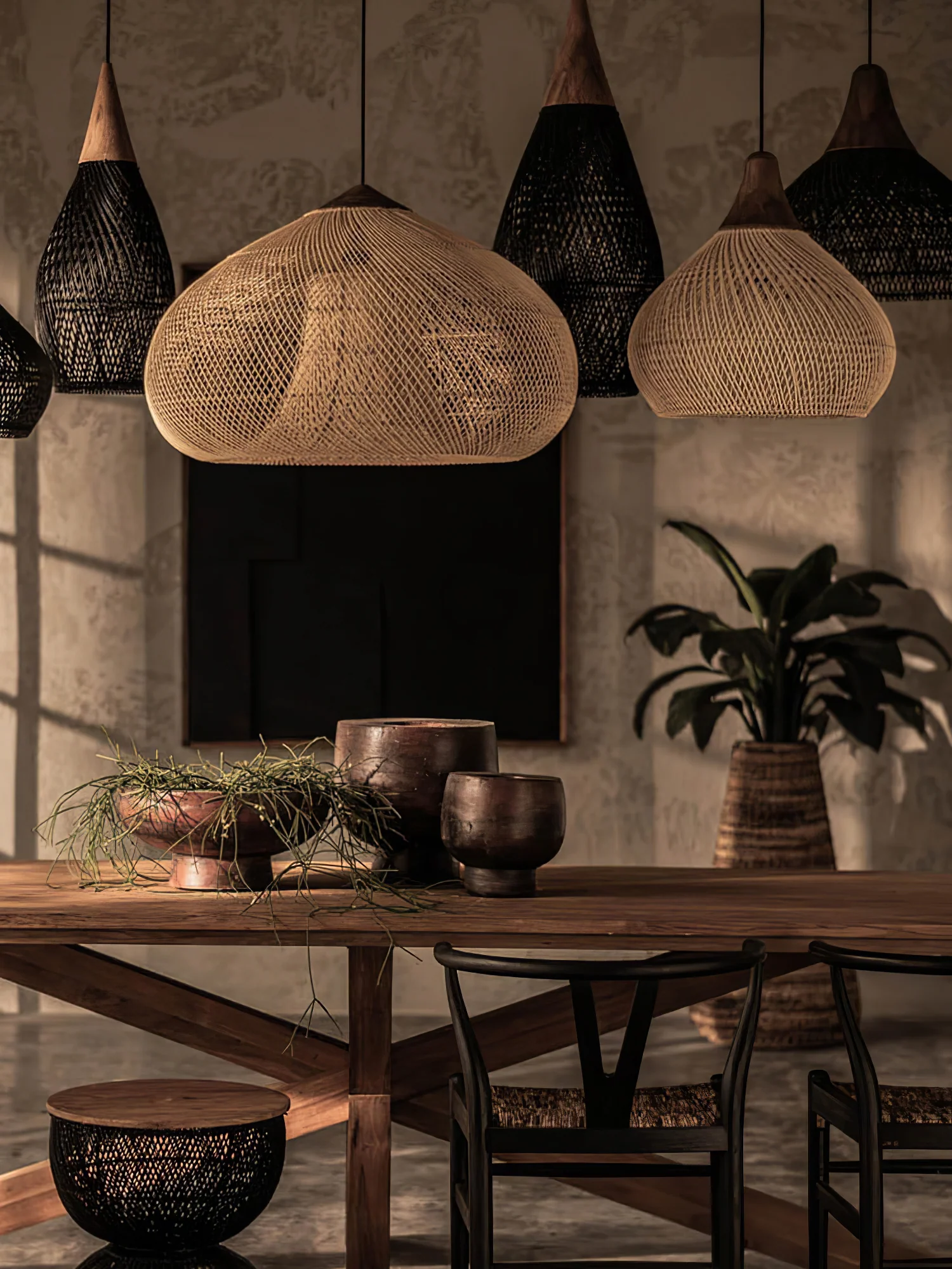 Подвесной светильник Braided Rattan - модель B, ∅50см x 25см, натуральное дерево, натуральный ротанг