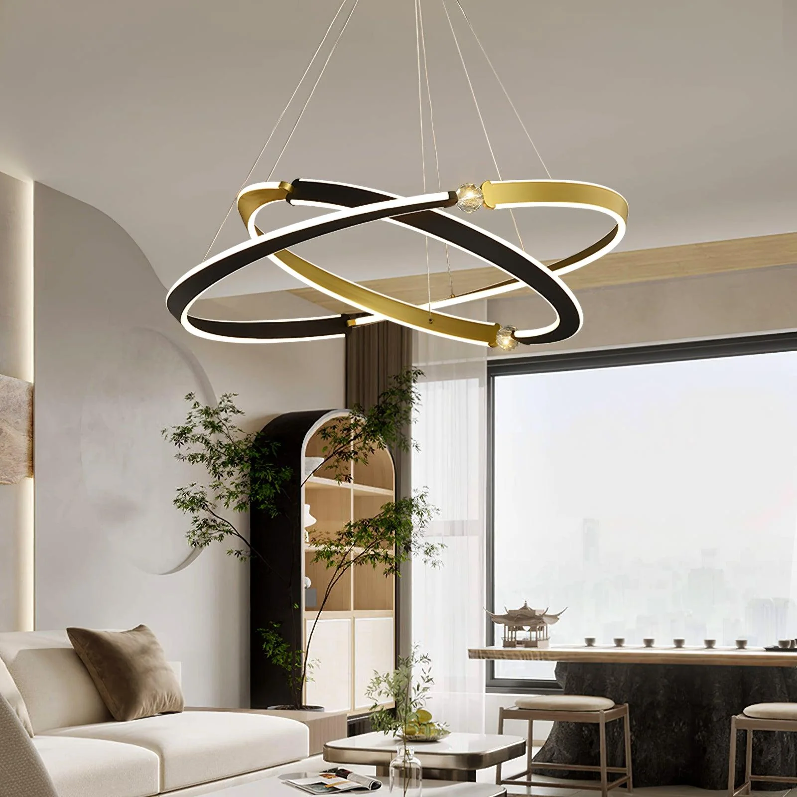 Подвесной светильник Beliani LED - 3 уровня, ∅40см + ∅60см + ∅80см x 150см, золотой, черный, холодный свет