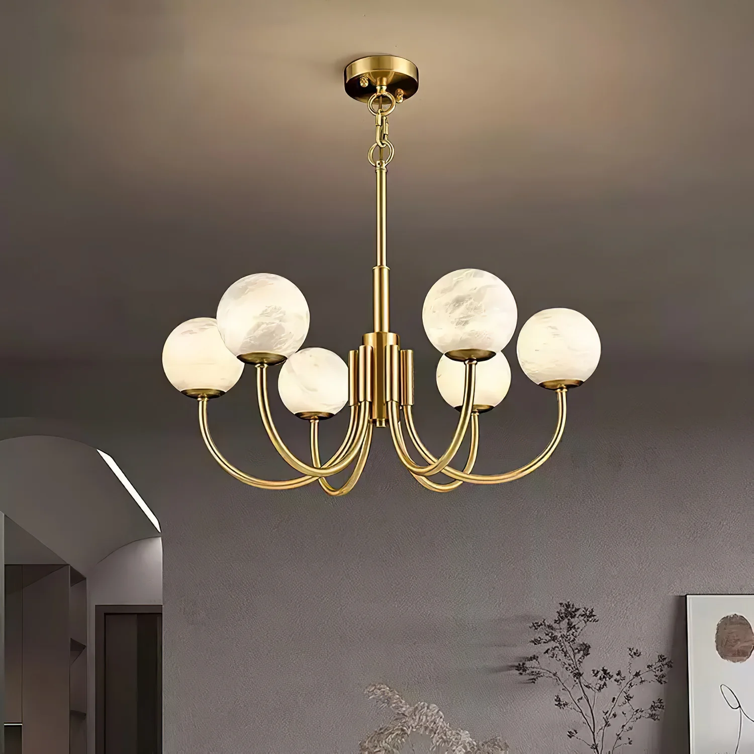 Люстра Aurelian Alabaster Globe - 6 плафонов ∅65см x 50см, латунь, белый