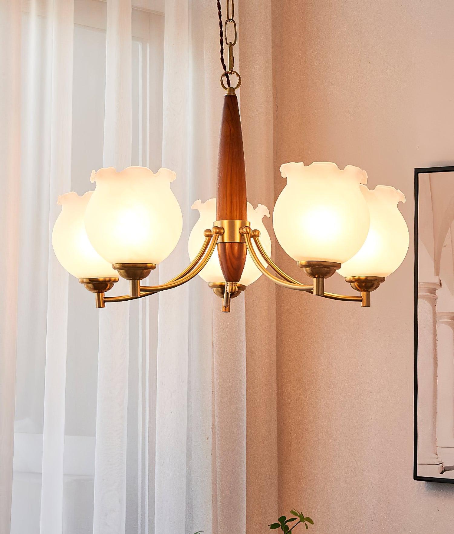Люстра Tulips Glass Wood - 3 плафона ∅50см x 38см, латунь, дерево, белый