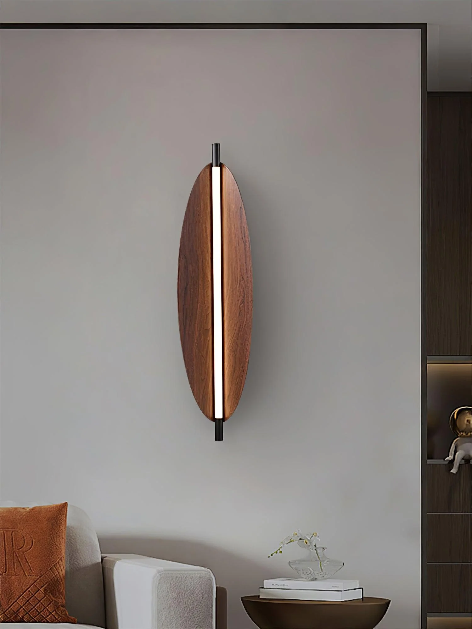 Sleek Board Sconce - ∅ 7.1″ x H 23.6″ / ∅ 18cm x H 60cm Set of 2 / Hydrographic Walnut Wood Grain Finish / Warm Light