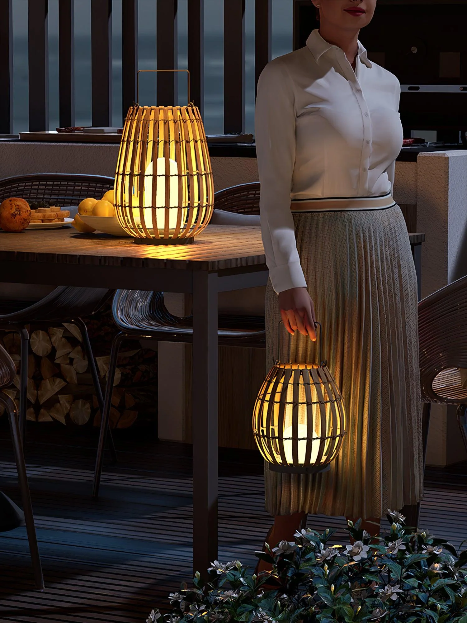 Уличный светильник Tropic Braid Lantern - модель B, солнечная батарея, ∅30см x 40см, черный, дерево