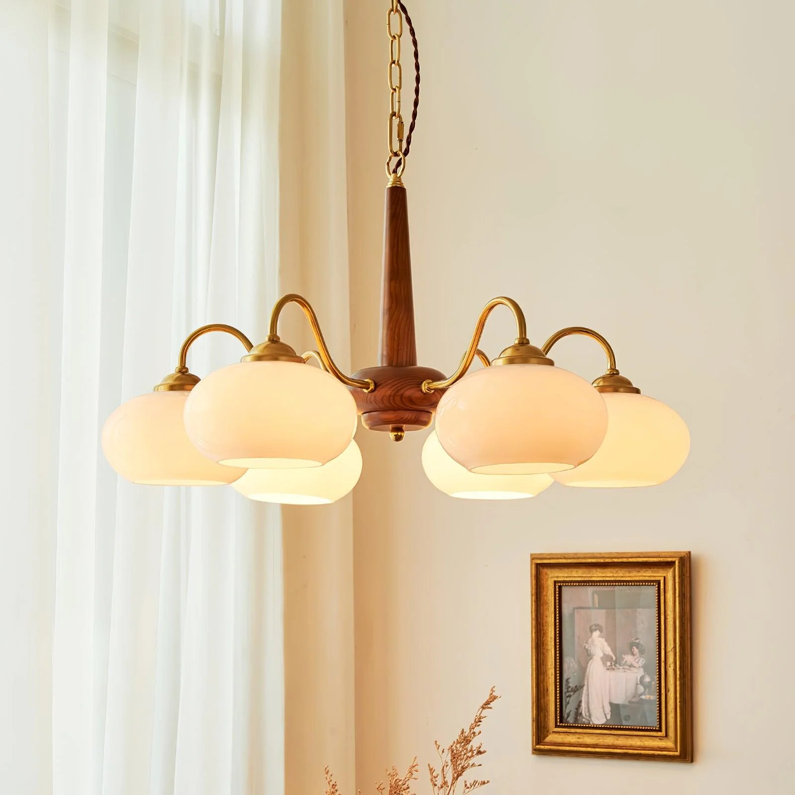 Люстра Persimmon - 6 плафонов ∅66см x 38см, орех, латунь, белый