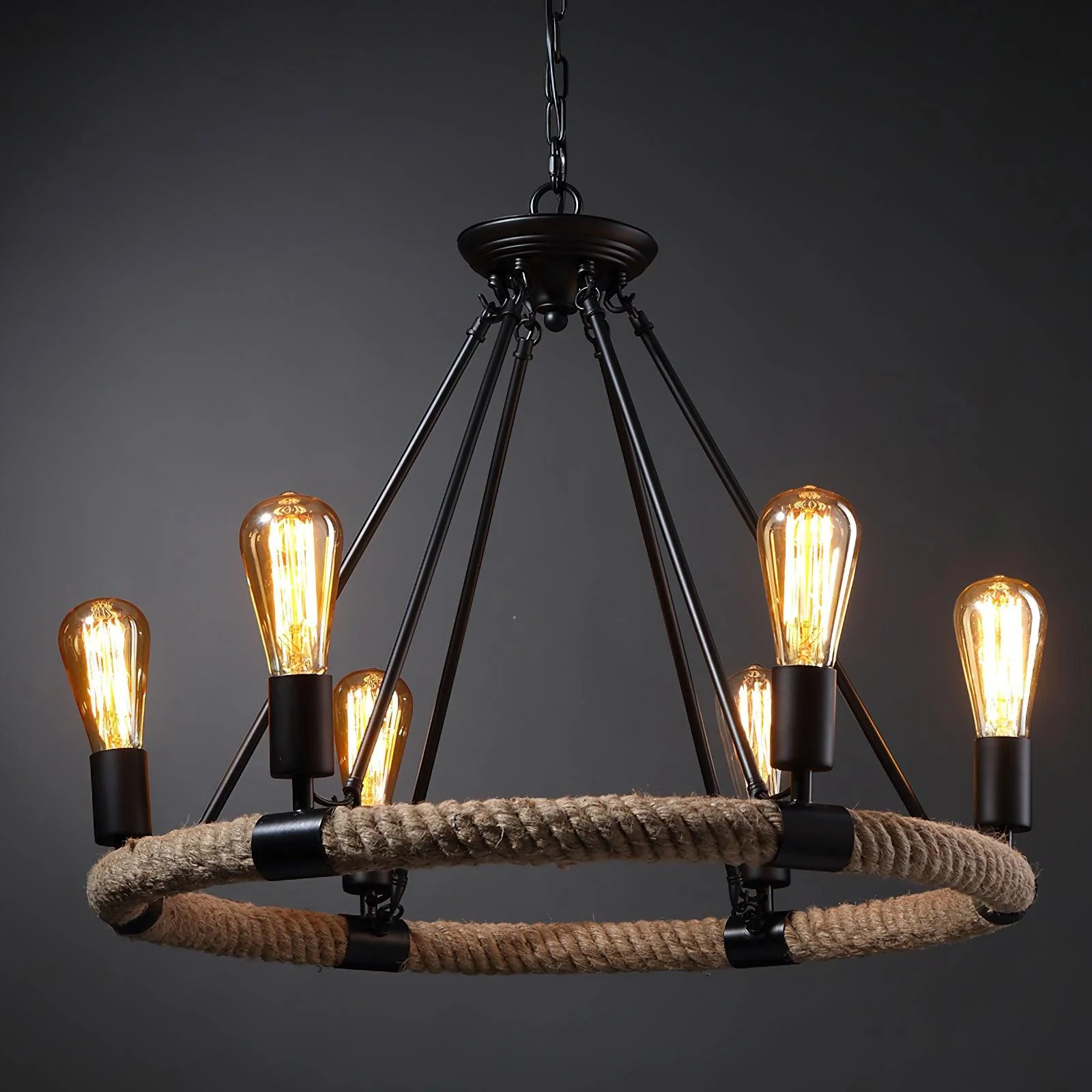 Люстра Hemp Rope Industrial Large Circle - 6 плафонов ∅60см x 70см, черный, льняной
