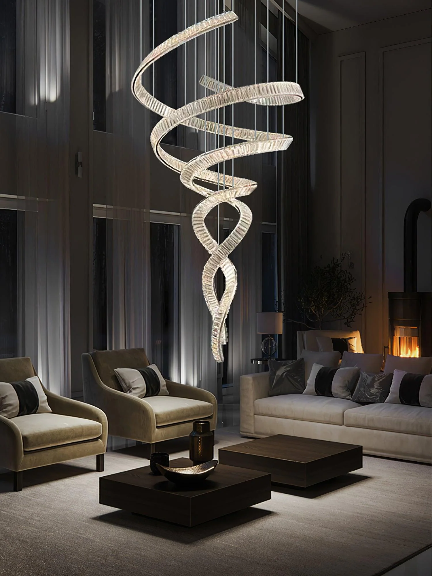 Люстра Long Spiral Crystal - ∅80см x 230см, нержавеющая сталь, прозрачный кристалл, холодный свет