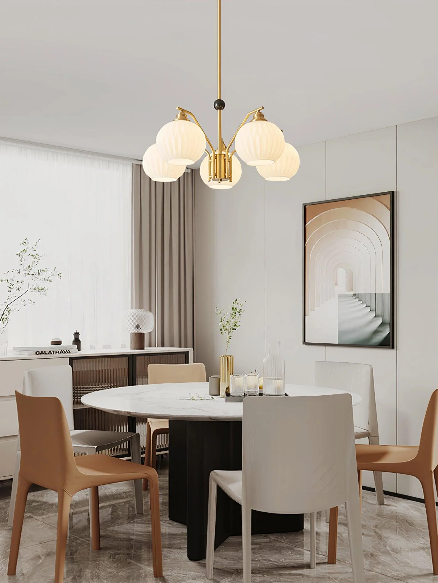 Люстра Ribbed Glass Gold - 5 плафонов ∅70см x 45см, золотой, белый
