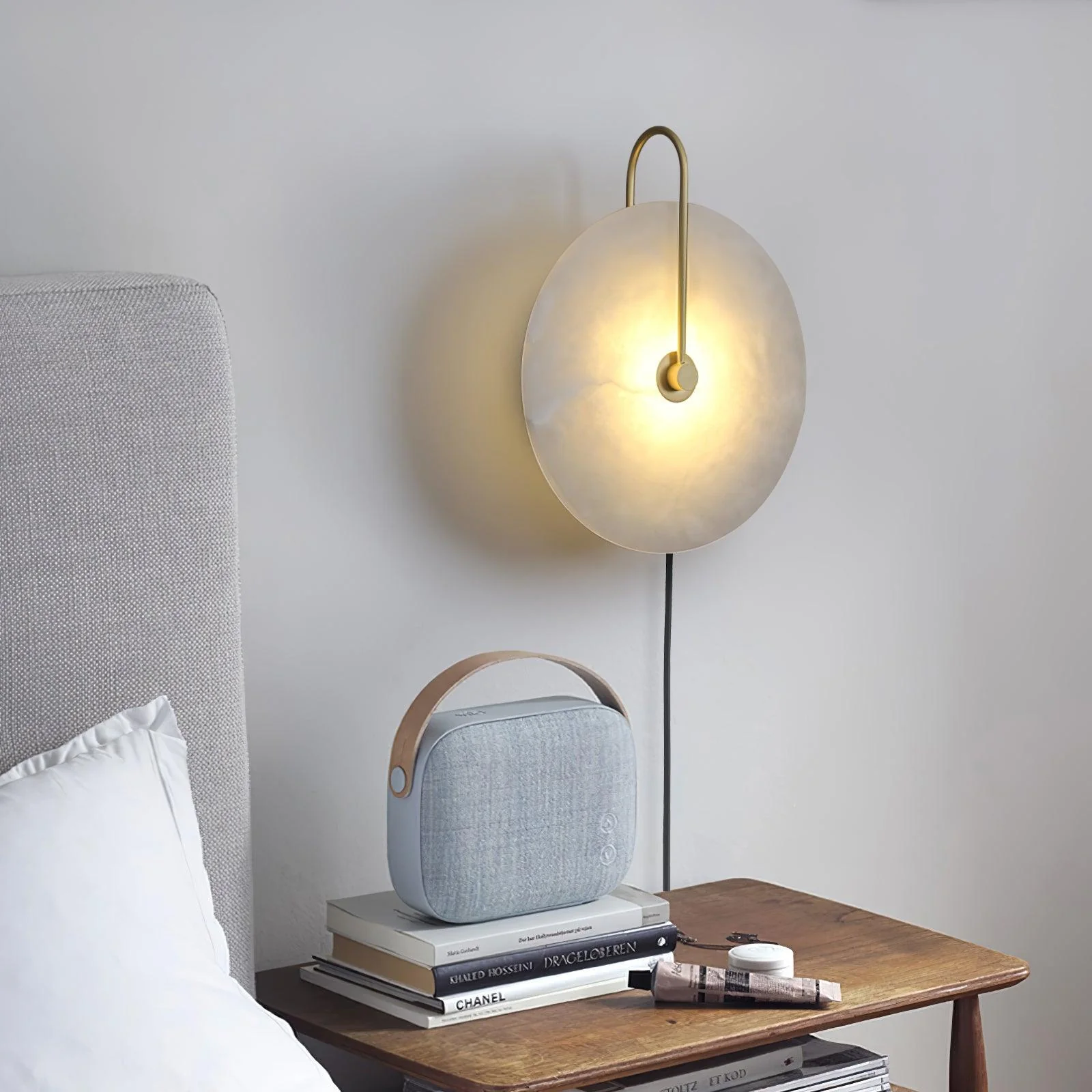 Alabaster LED Plug-In Wall Lamp - ∅ 9.8″ Set of 2 / Gold & White cable / EU Plug