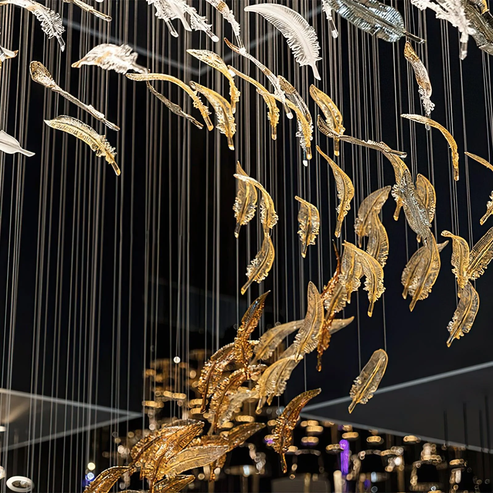 Люстра Glass Feathers Flying - ∅80см x 200см, хром, прозрачно-золотое стекло