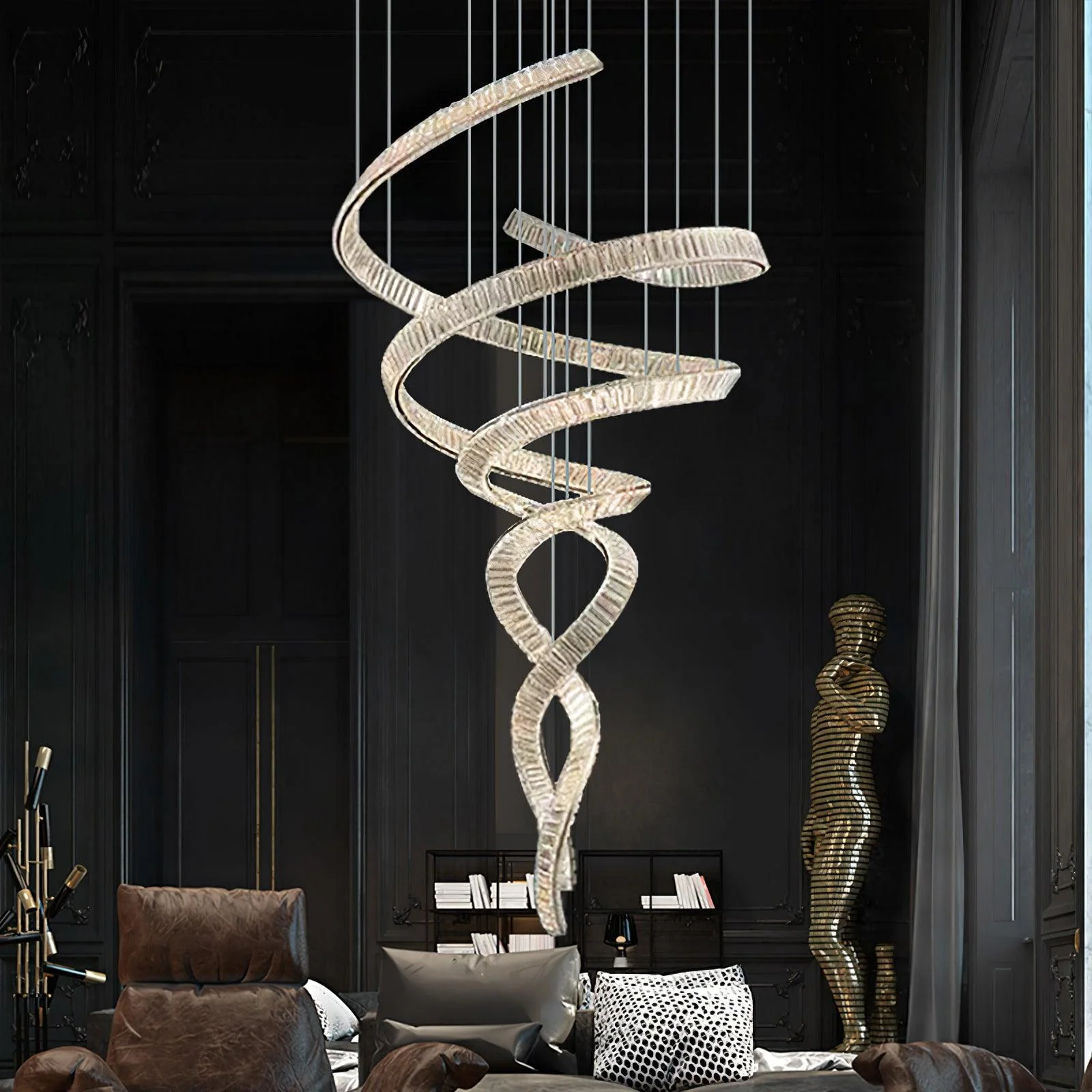 Люстра Long Spiral Crystal - ∅80см x 230см, нержавеющая сталь, прозрачный кристалл, холодный свет