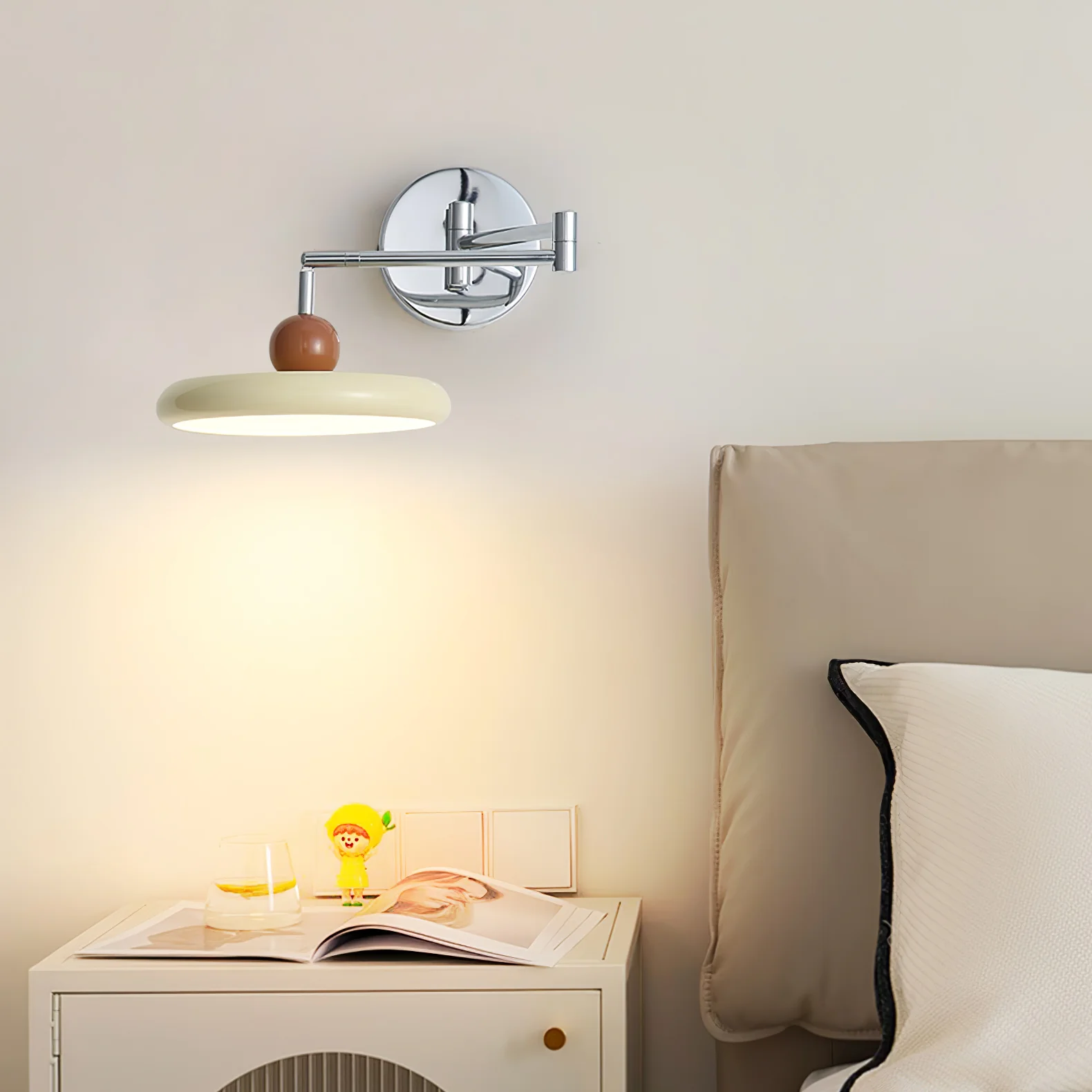 Lola Swing Arm Wall Lamp - ∅ 7.9″ x H 4.7″ / Dia 20cm x H 12cm / Beige & Warm Light / Set of 2