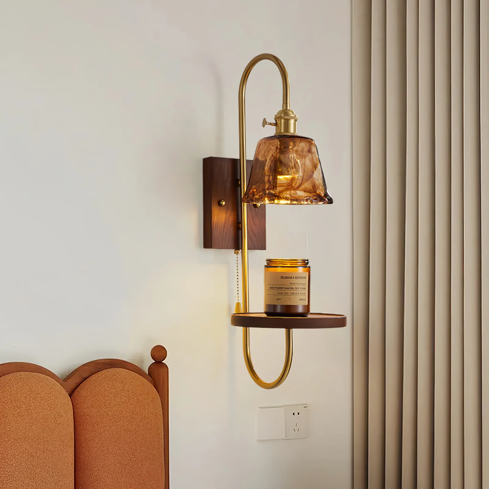 Walnut Shelf Sconce - Model A H 21.3″ x W 7.1″ x L 9.8″ / Walnut Color & Gold / Set Of 2