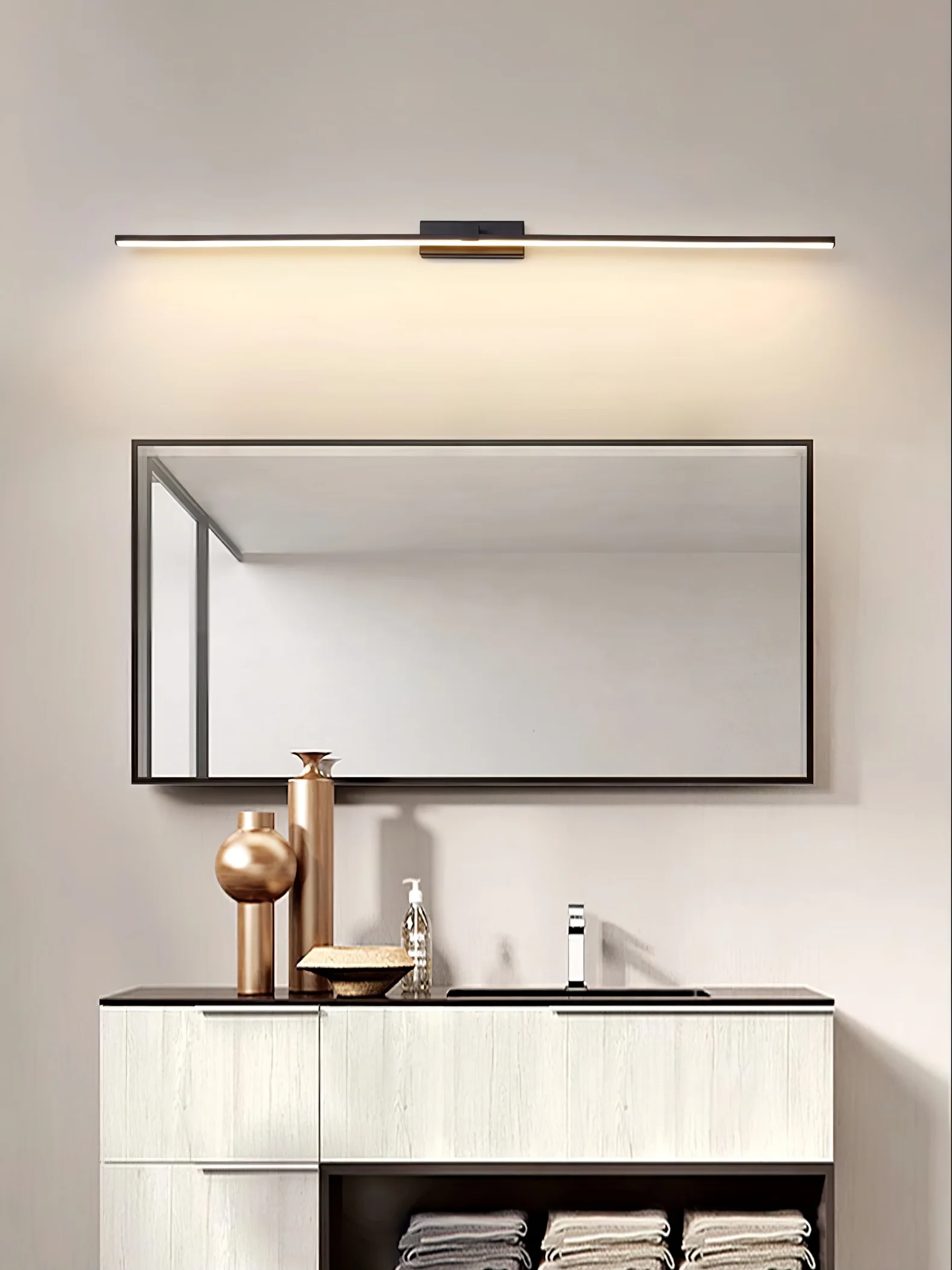 Metal Linear Mirror Wall Light - ∅ 23.6″ x H 3.1″ / Black & Warm Light / Set Of 2