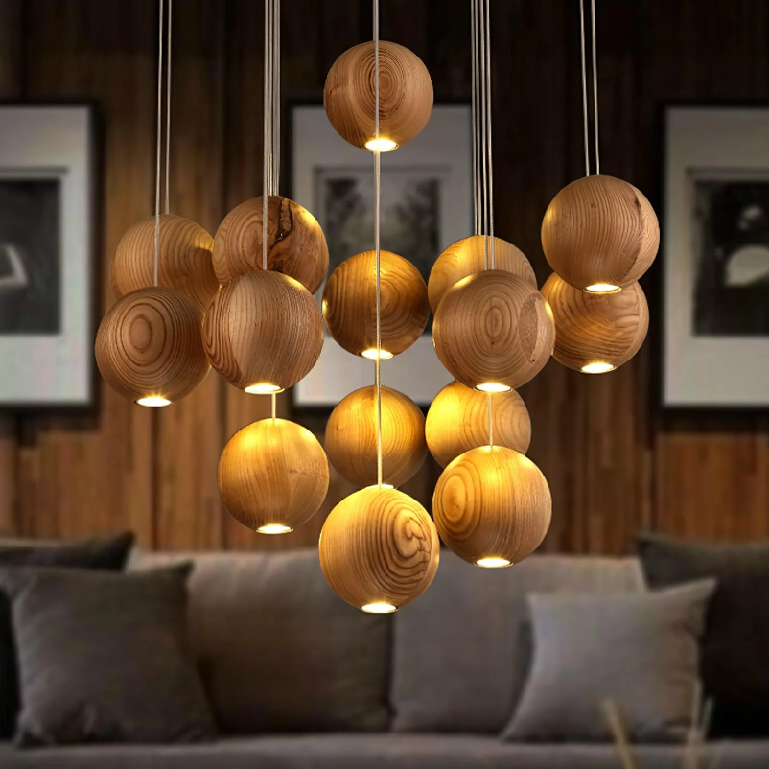 Подвесной светильник Wooden Orb Sphere Cluster - 30 плафонов ∅90см x 200см, натуральное дерево