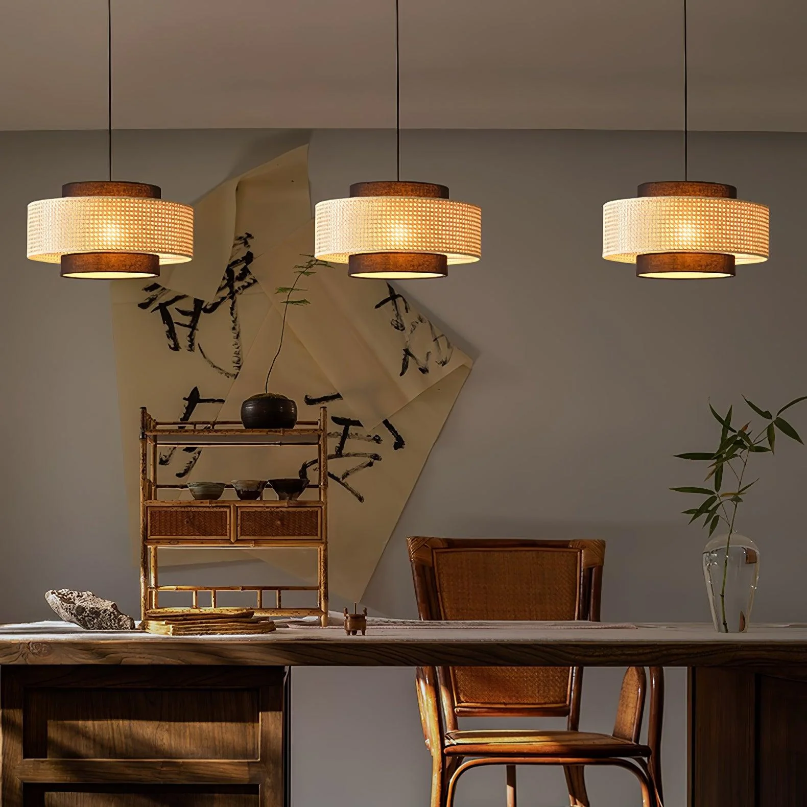 Подвесной светильник Drum Shade - ∅40см x 22см, черный, натуральный ротанг