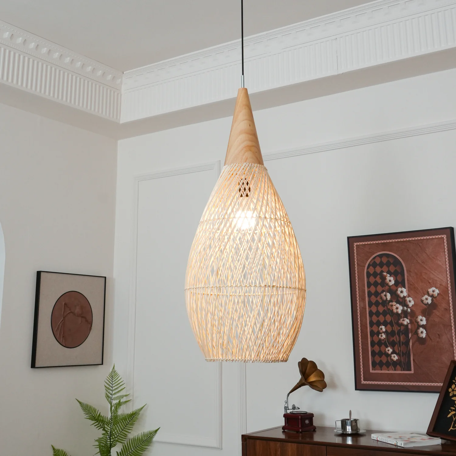 Подвесной светильник Braided Rattan - модель B, ∅50см x 25см, натуральное дерево, натуральный ротанг