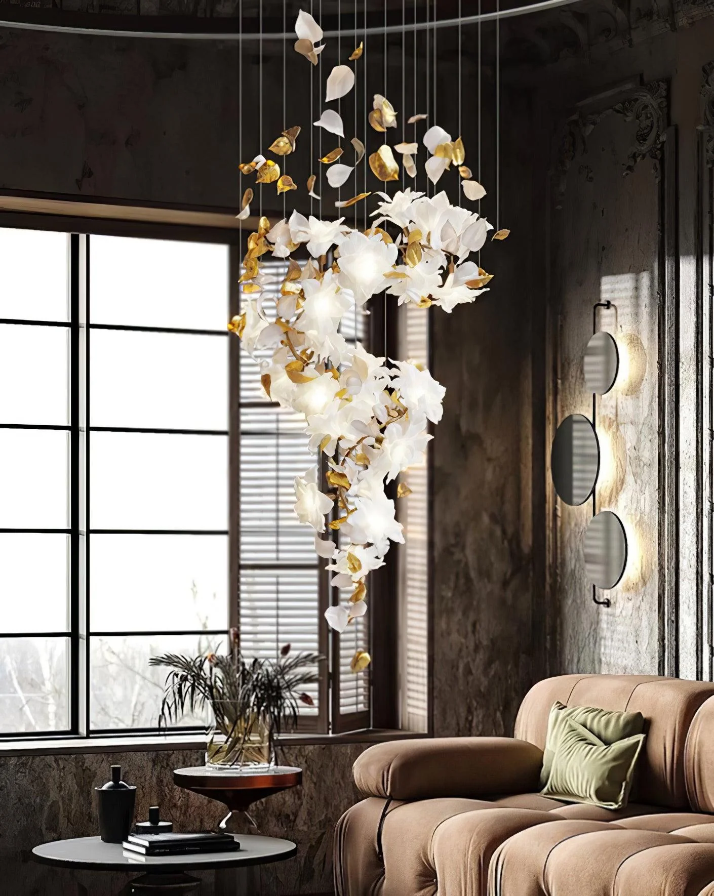 Люстра Flying Flowers Fluttering - модель A ∅80см x 180см, латунь, белый