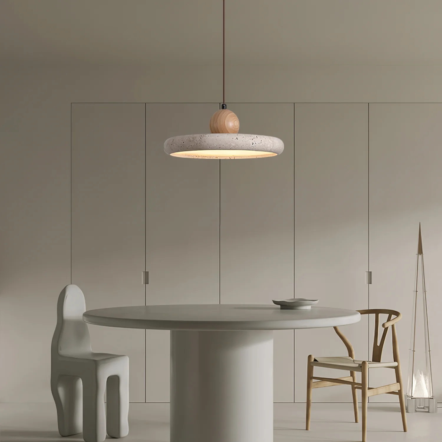 Подвесной светильник Lola Travertine - ∅40см x 9см, желтый травертин, дерево, теплый свет