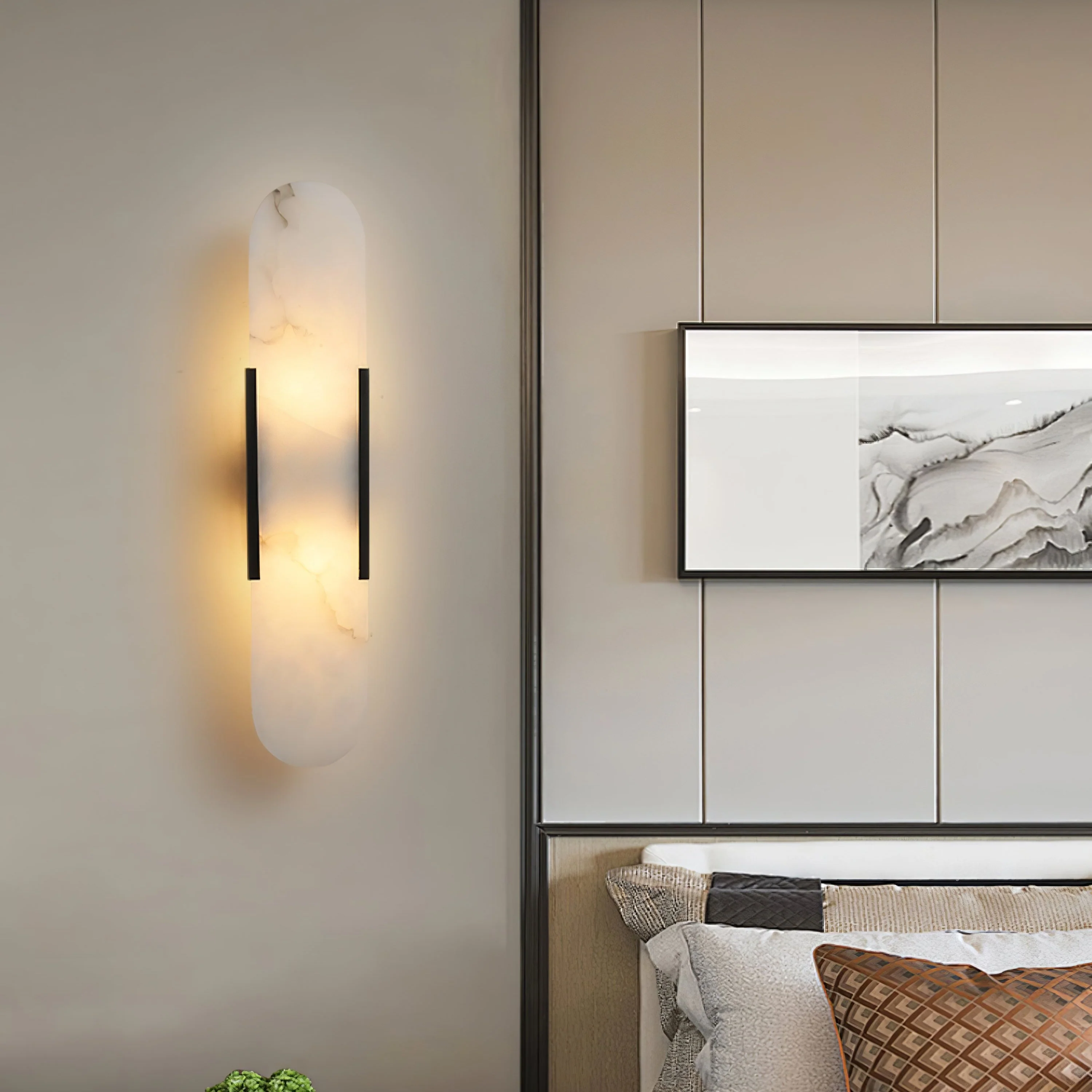 Melange Elongated Alabaster Wall Lamp - Dia 10cm x H 35cm Set of 2 / Black