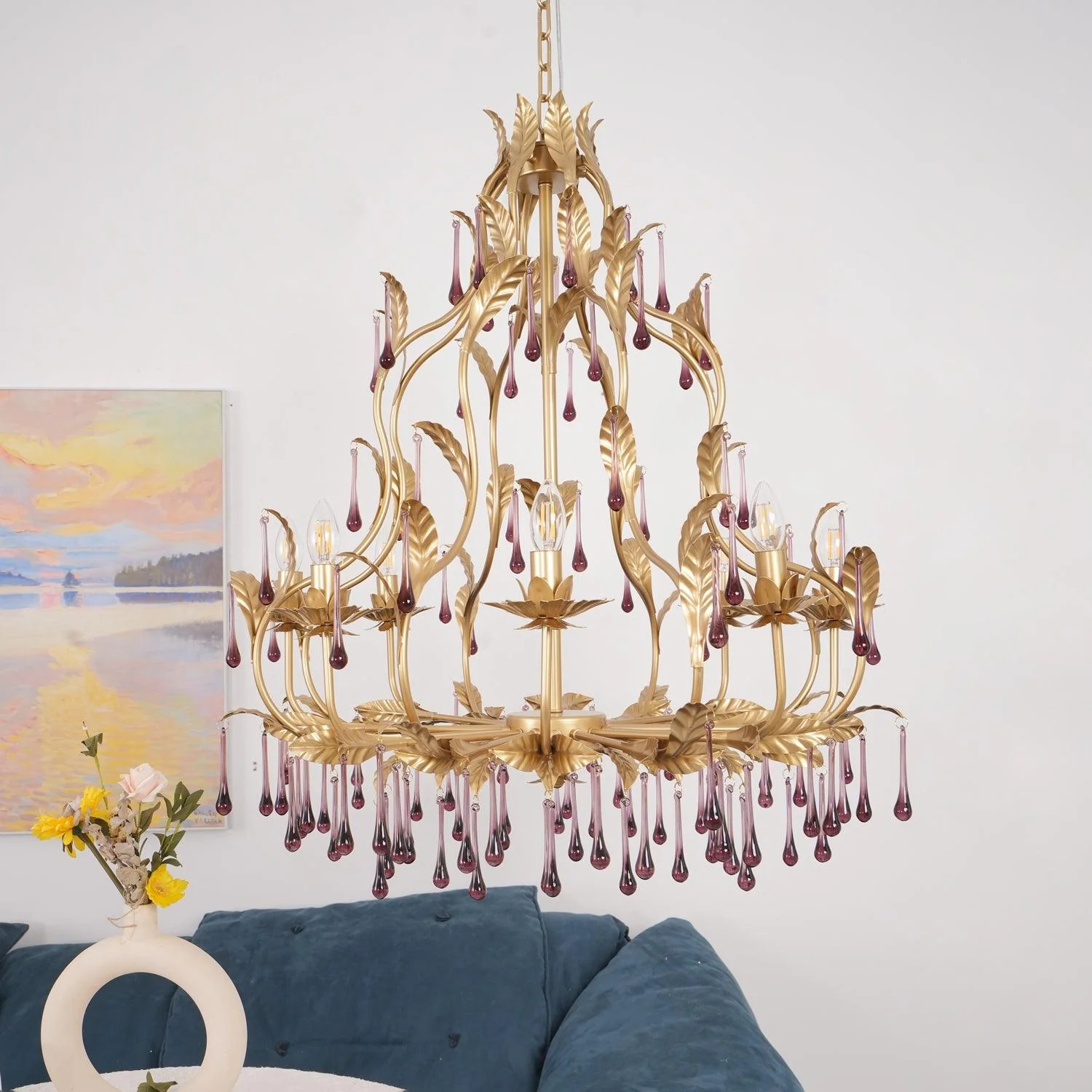 Люстра Amethyst Drops Glass - 8 подвесов ∅80см x 92см, золотой, карамельное стекло