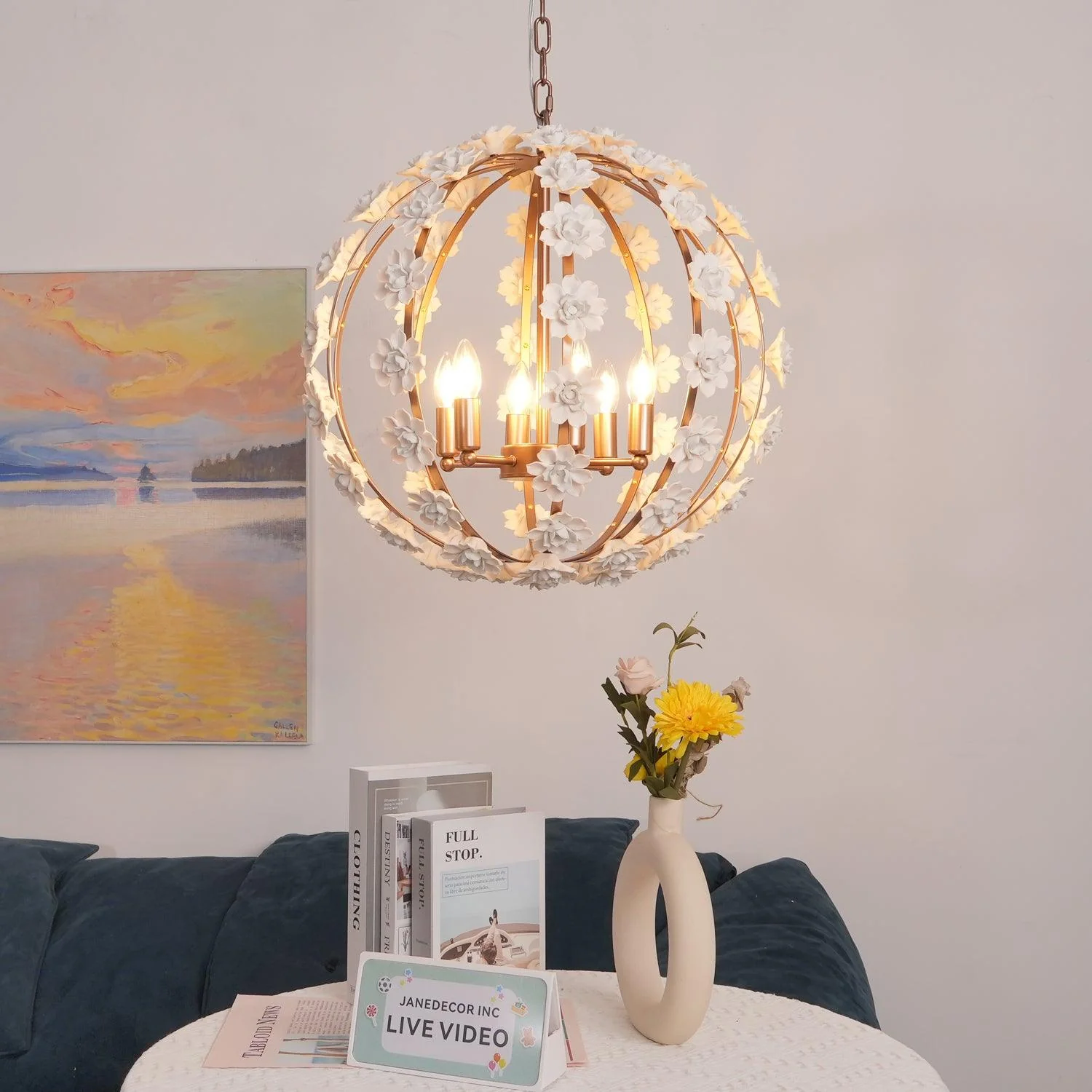 Люстра Bianca Floral Orb - ∅58см x 55см, розовое золото, белый