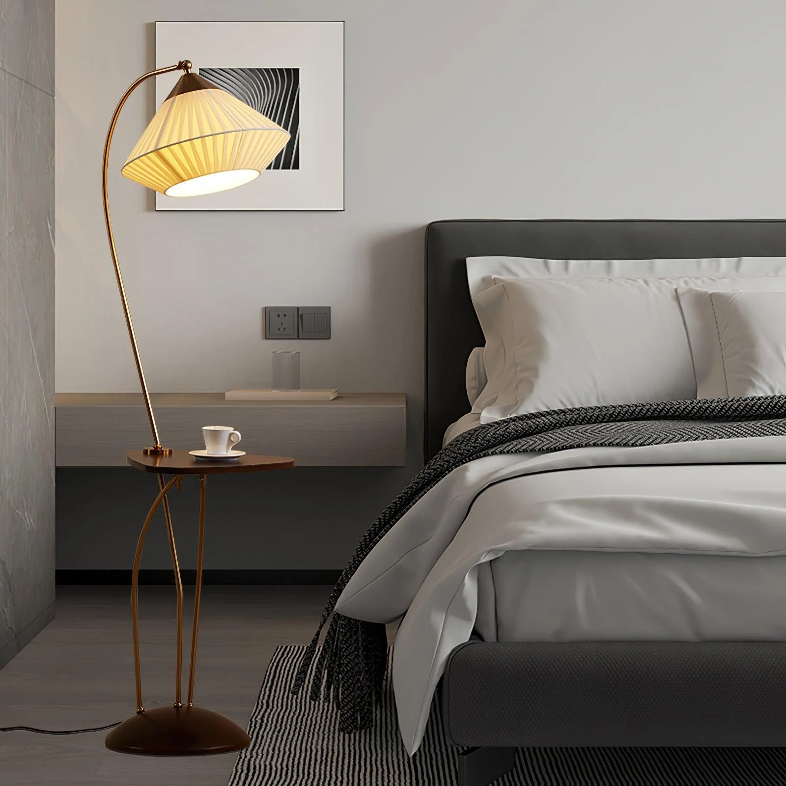 Торшер Curve With Table - ∅30см x 140см, латунь, орех, бежевый