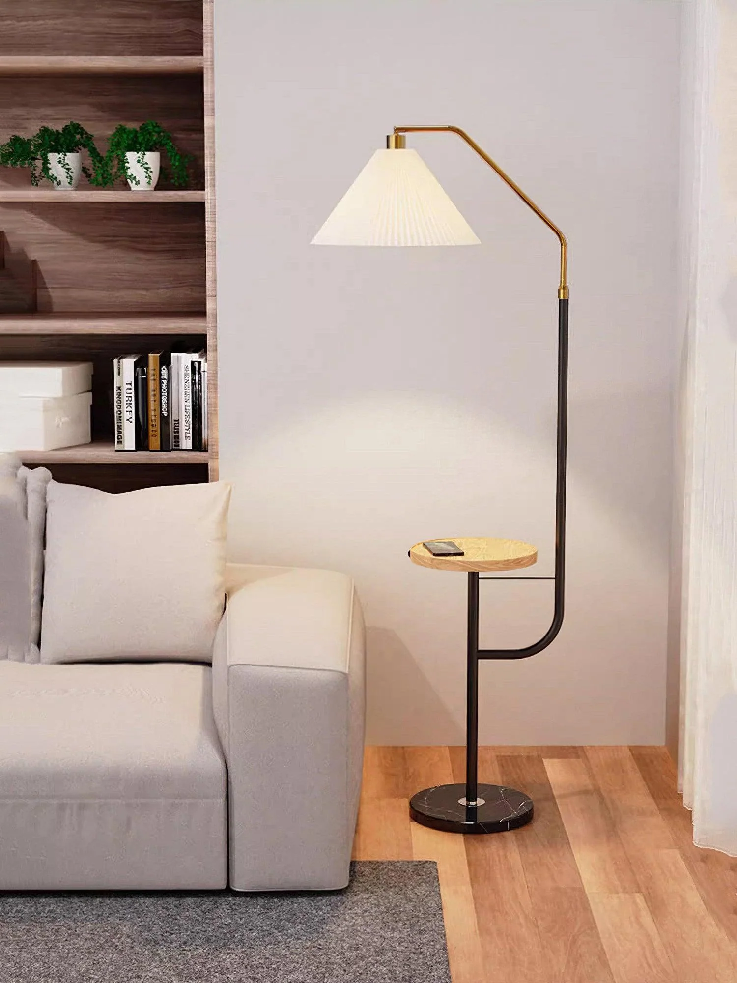 Ozz Floor Lamp - Wooden desktop: W 21.7″ x H 65″ / W 55cm x H 165cm / Beige & Black & Gold / AU plug