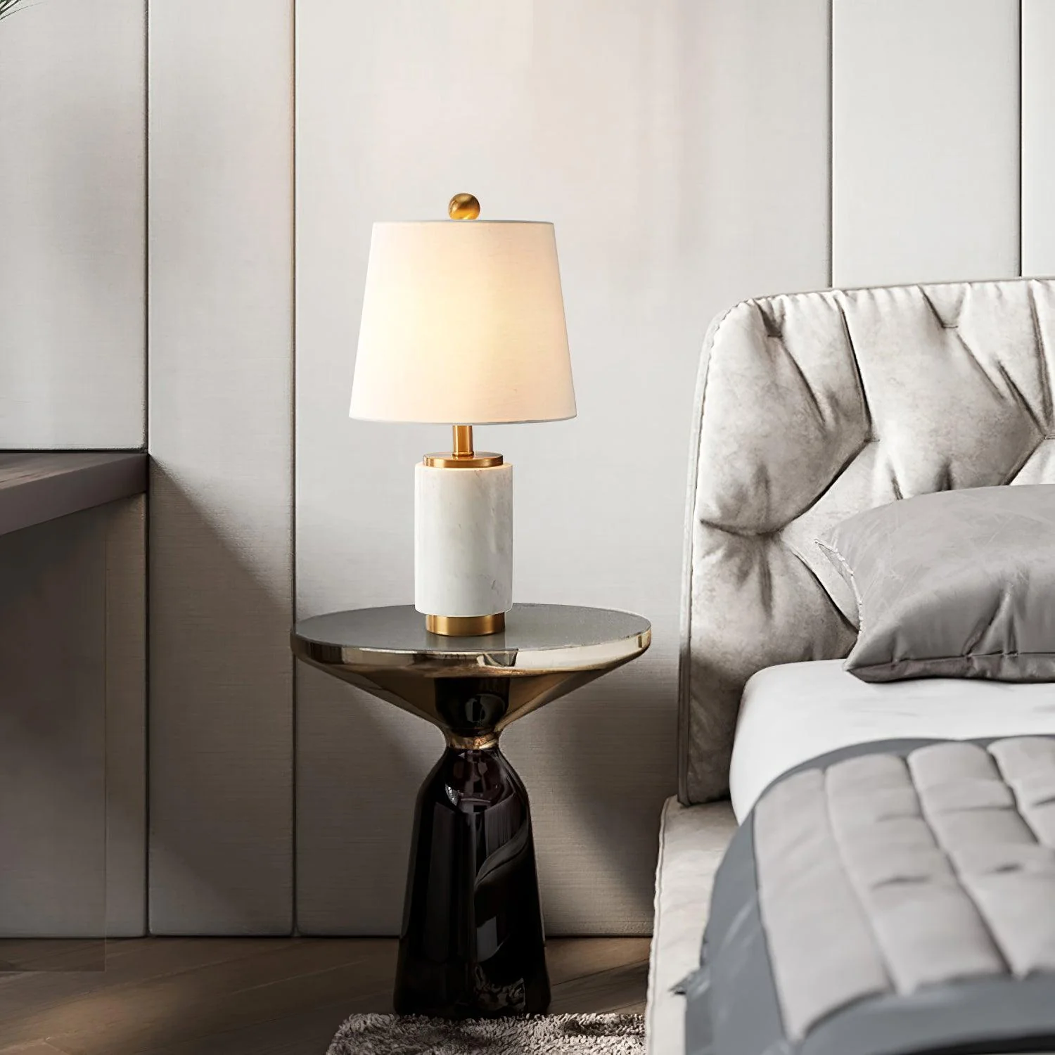 Joan Marble Table Lamp - ∅ 11″ x H 20.8″/ Dia 28cm x H 53cm / Black Marble / UK plug