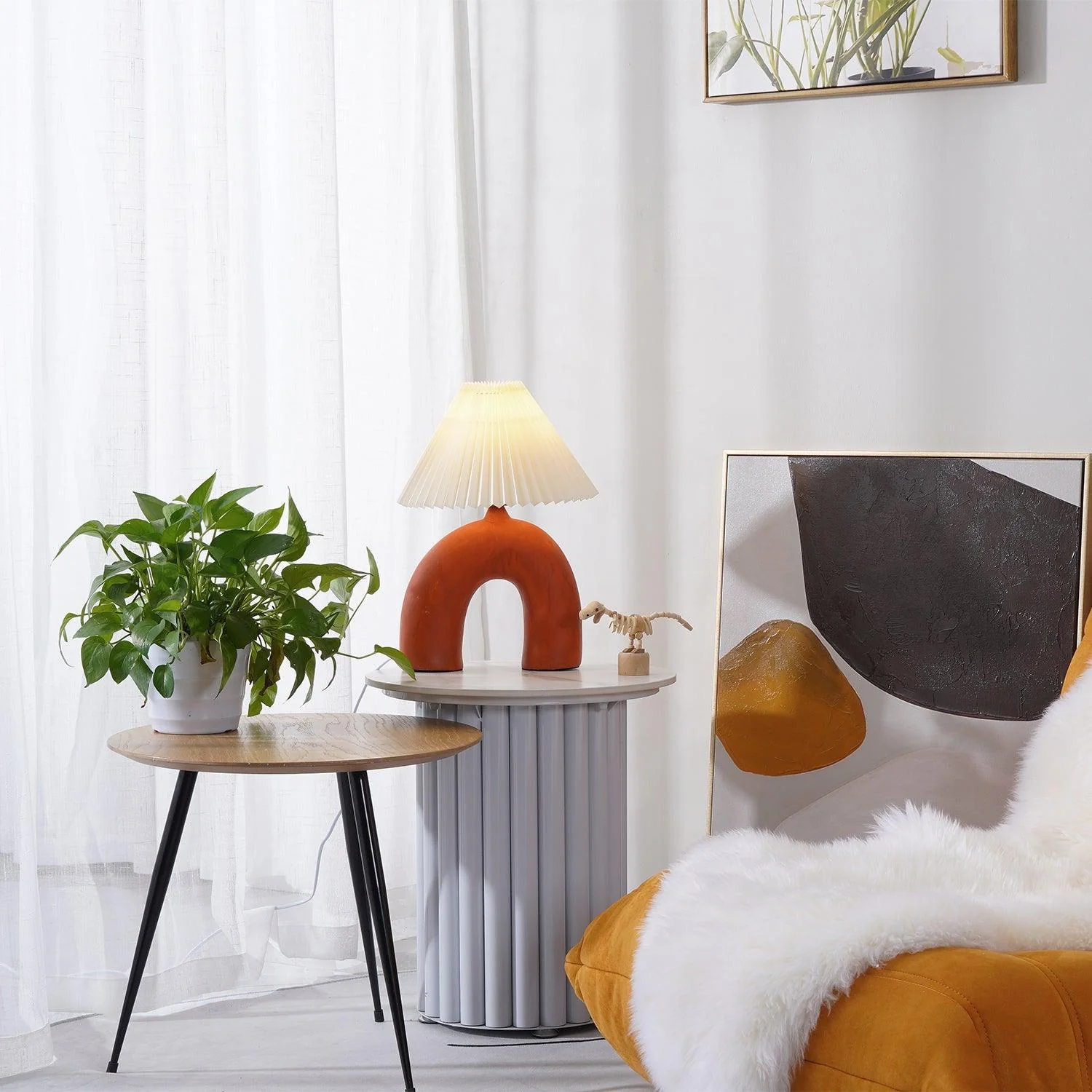 Arched Pleated Table Lamp - ∅ 11.8″ x H 16.5″ / Dia 30cm x H 42cm / Skin / AU plug