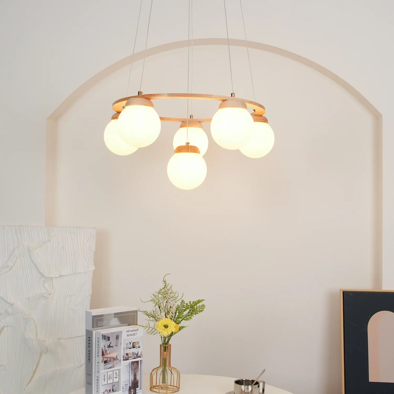 Люстра Miira Wood - 4 подвеса ∅50см x 150см, дерево, белый