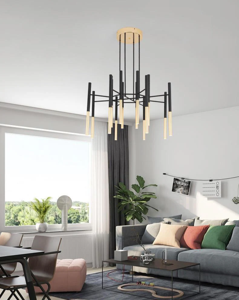 Люстра Metal Tubular - 12 подвесов ∅60см x 45см, черный, золотой