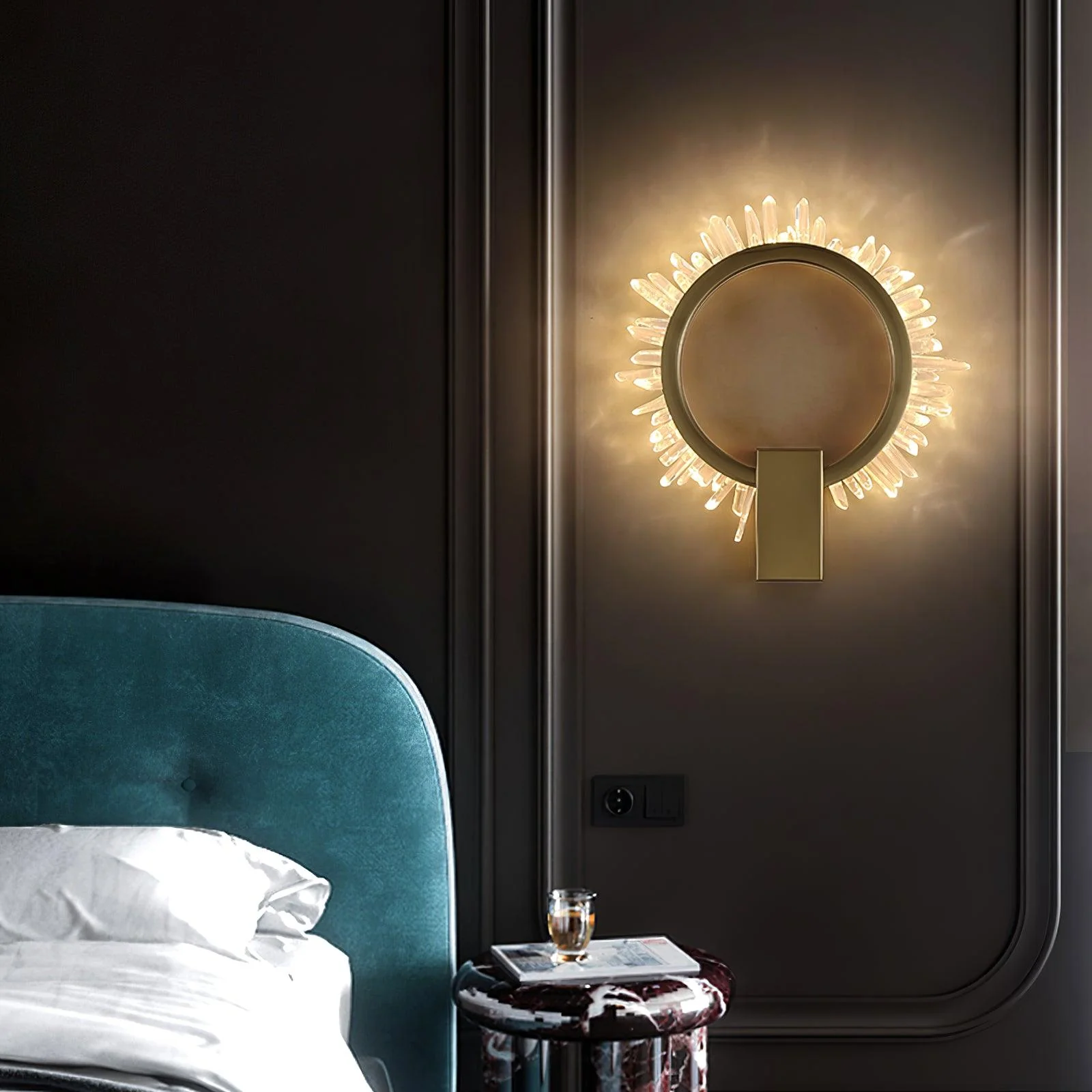 Natural Crystal Wall Lamp - ∅ 9.8″ x H 12.5″ / Dia 25cm x H 32cm Set of 2 / Gold & Clear / Warm White