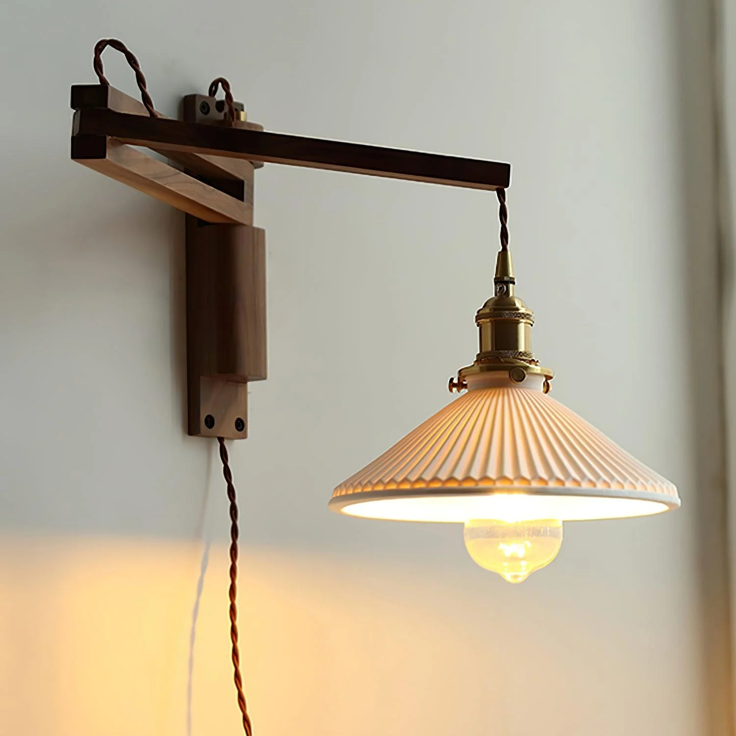 Walnut Swing Arm Wall Lamp - Model B Set of 2 / Brass & Walnut & White / EU Plug