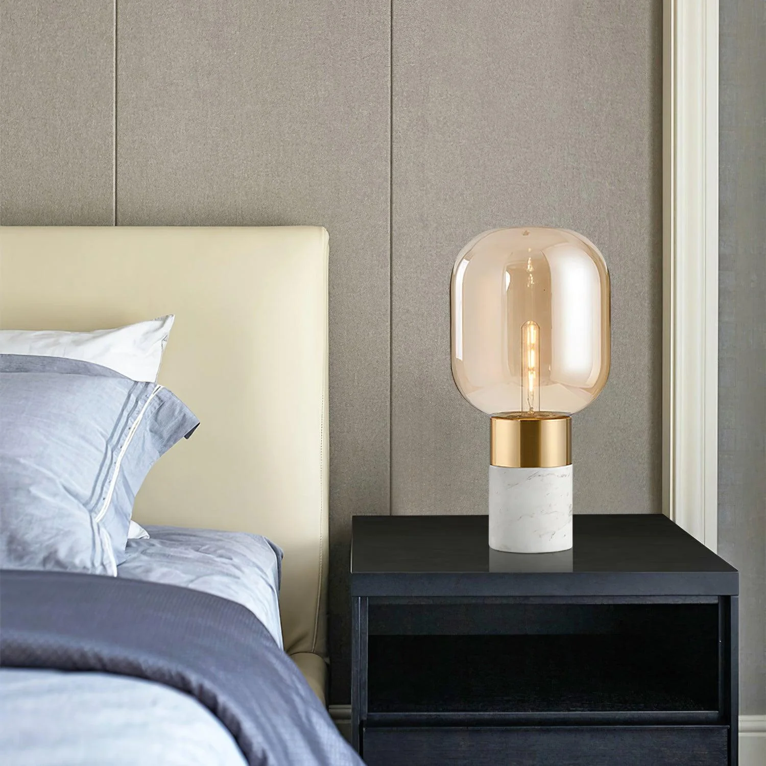 Storm Marble Table Lamp - ∅ 9″ x H 18.8″/ Dia 23cm x H 48cm / White Marble & Cognac / UK plug