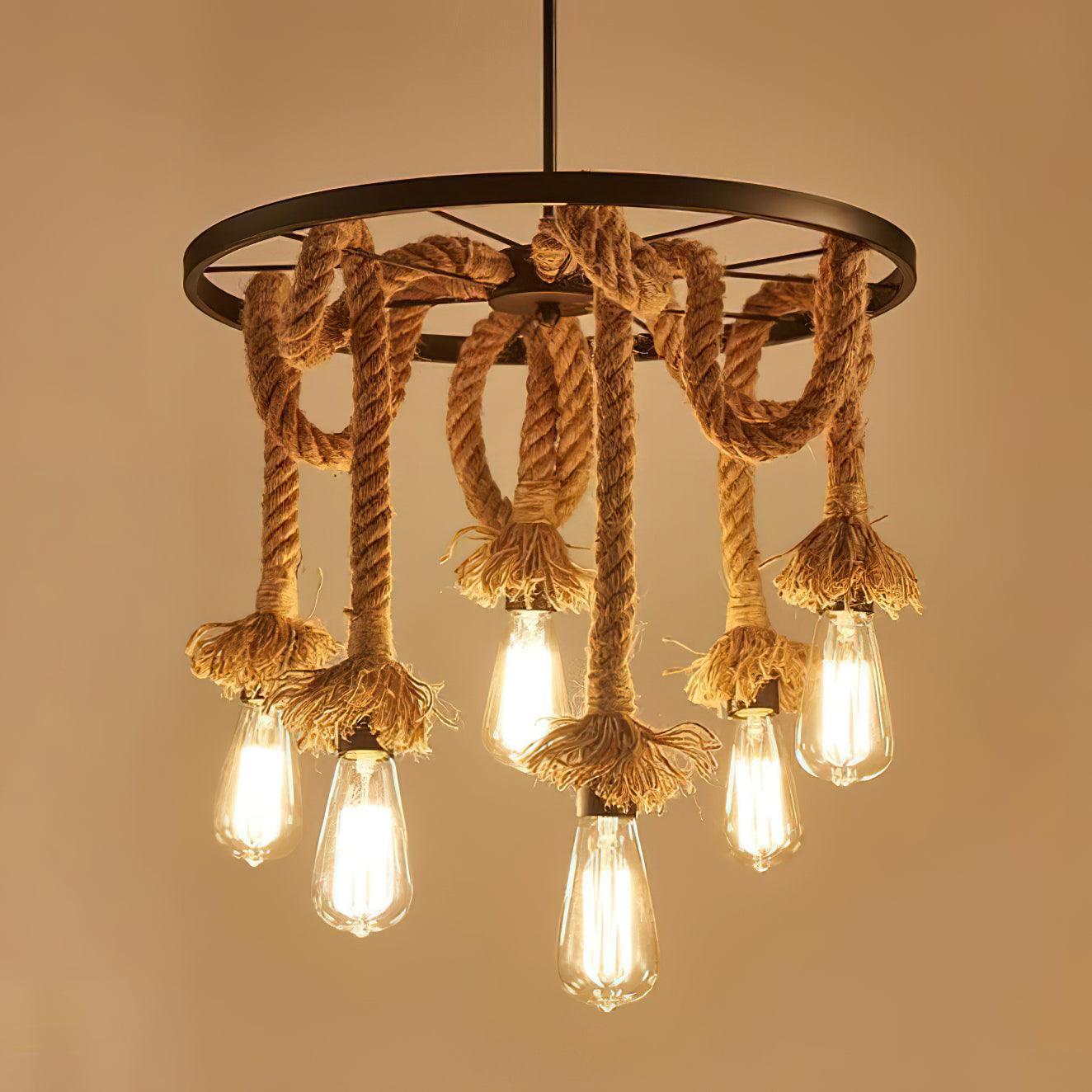 Люстра Hemp Rope Industrial Six Head - 6 плафонов ∅50см х 50см, черный, льняной