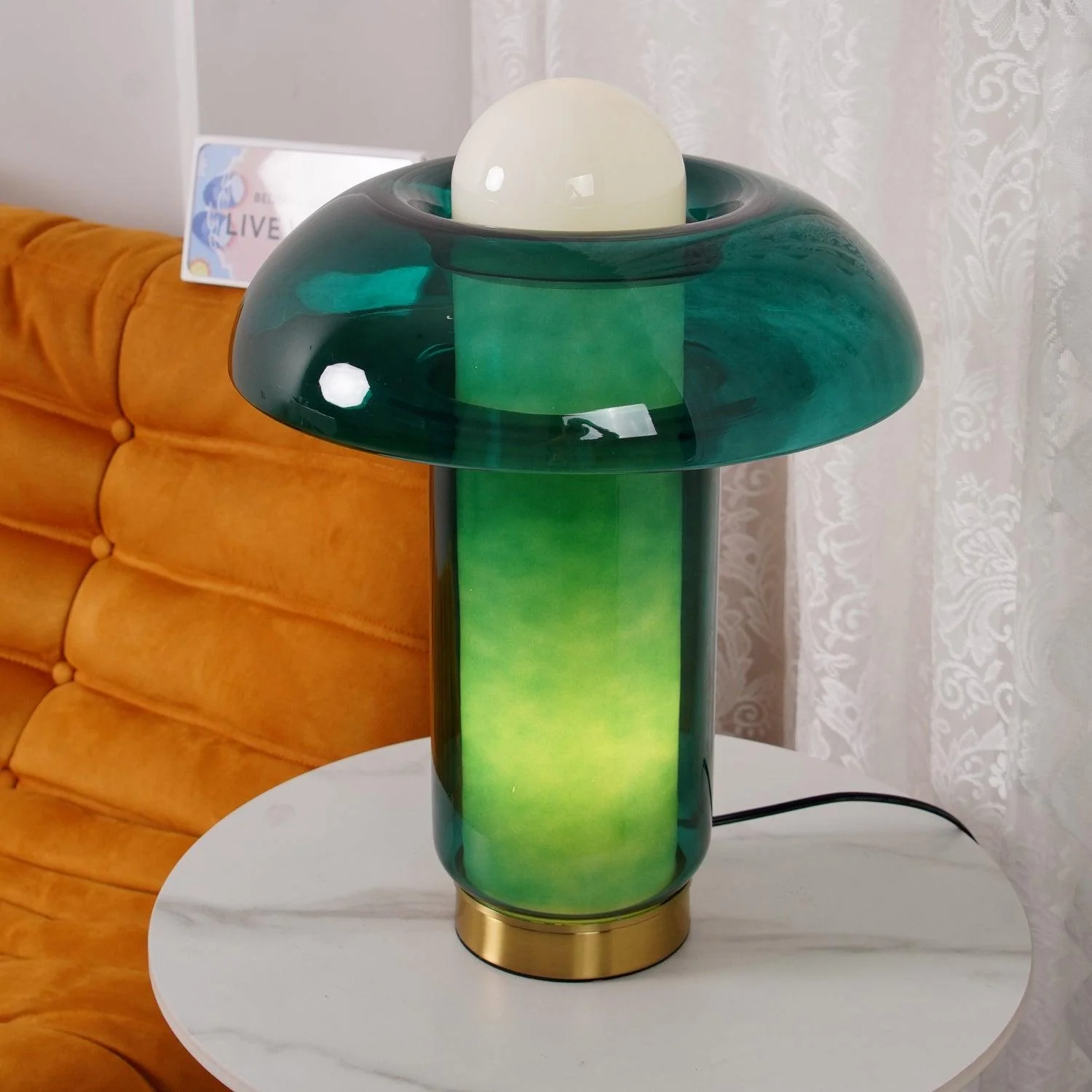 Glass Mushroom Table Lamp - ∅ 11.8″ x H 19.7″ / Dia 30cm x H 50cm / Green & White & Gold / US plug
