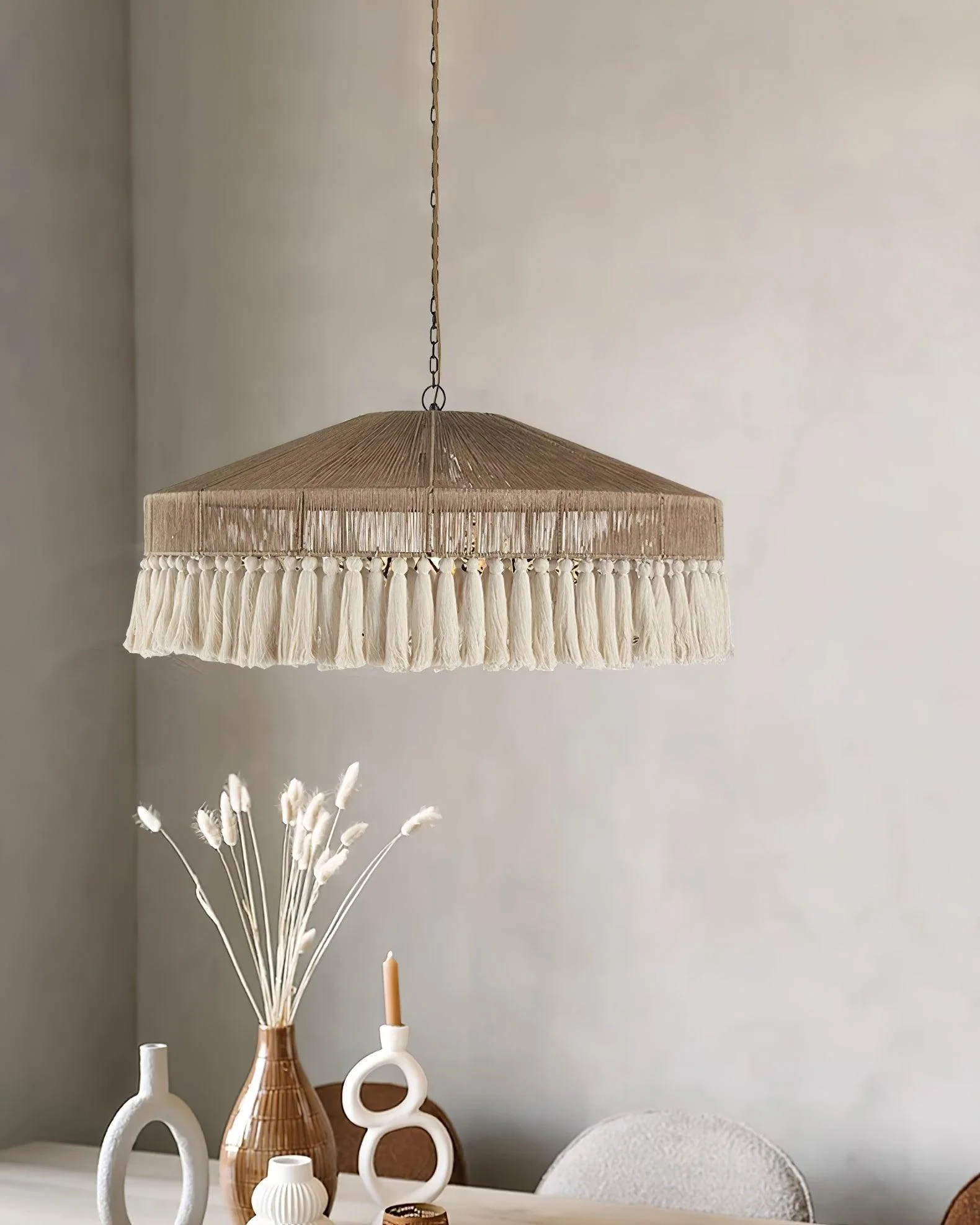 Подвесной светильник Bohemian Fringe - ∅60см x 26см, светло-коричневый, белый