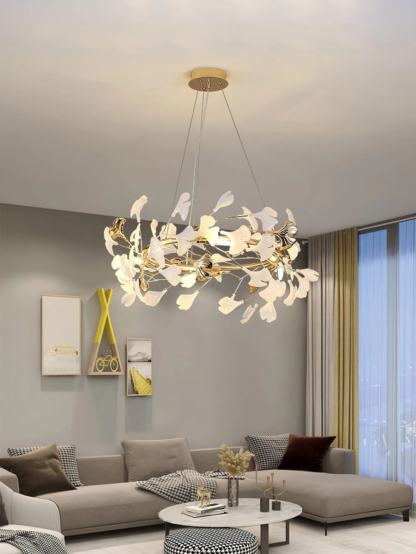 Люстра Gingko T - модель A, ∅80см x 30см, золотой, белый