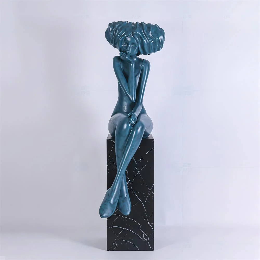 Girl Meditate Sculpture Ornaments - ∅65см x 70см x 152см, синий, металлическое основание