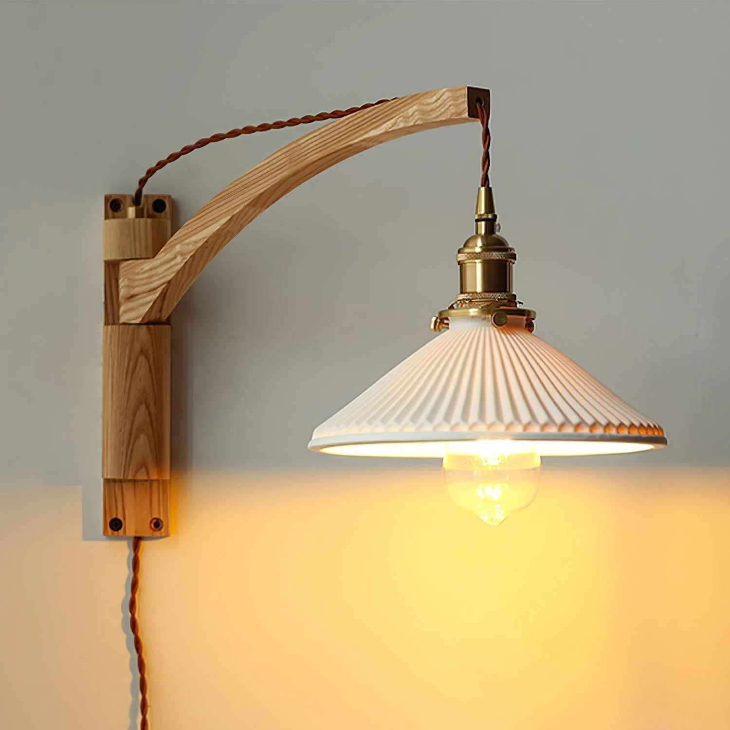 Walnut Swing Arm Wall Lamp - Model B Set of 2 / Brass & Walnut & White / EU Plug