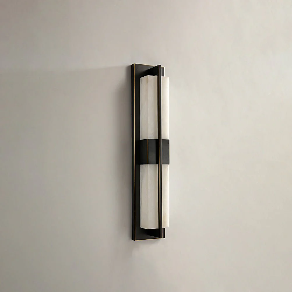 Rectangular Alabaster Brass Wall Sconce - ∅ 4.7″ x H 31.5″ / Dia 12cm x H 80cm / Black & Warm Light / Set Of 2