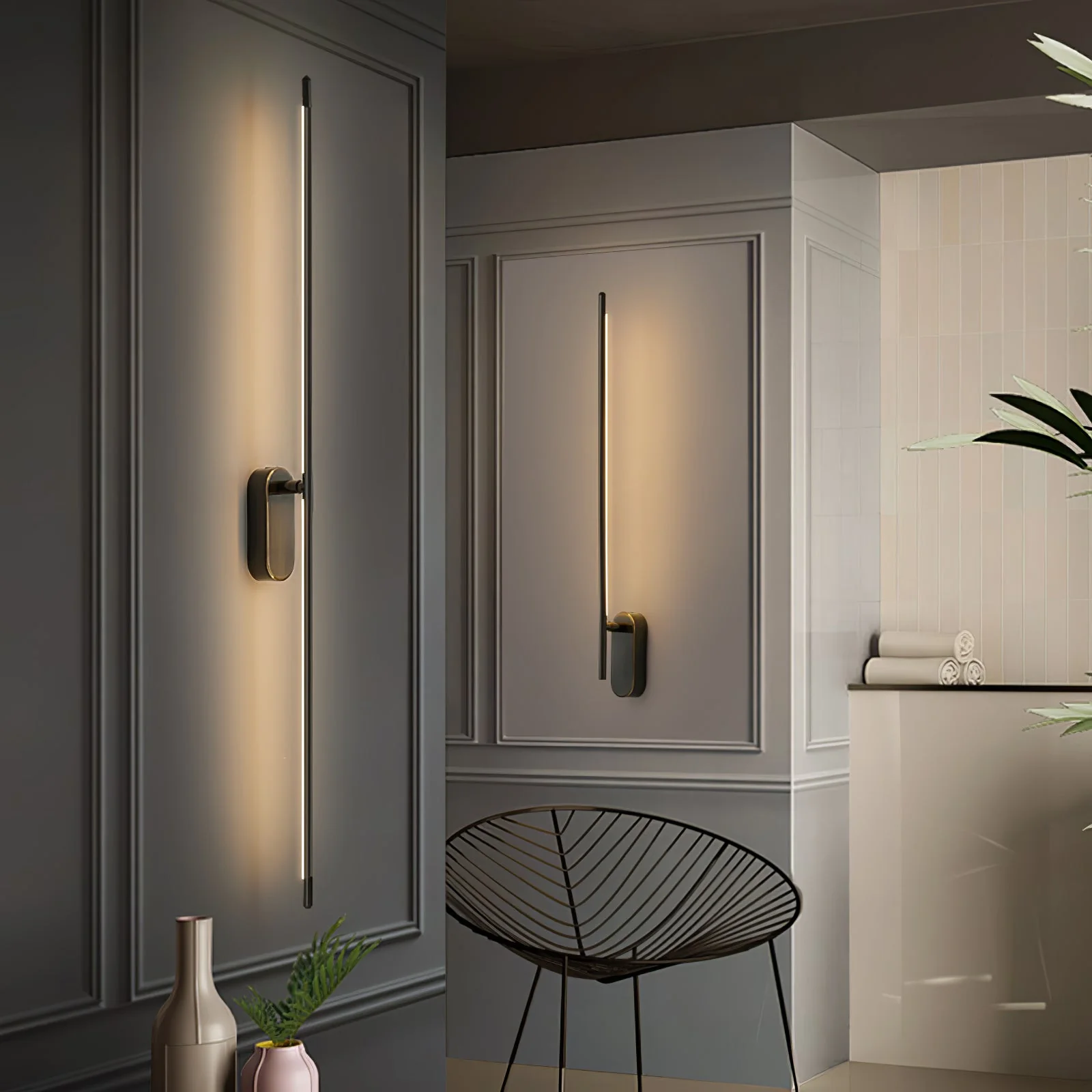 Stick Shaped Plug In Sconce - L 2″ x W 3.1″ x H 37.4″ / L 5cm x W 8cm x H 95cm Set of 2 / Oxidized Black & Warm Light / EU Plug