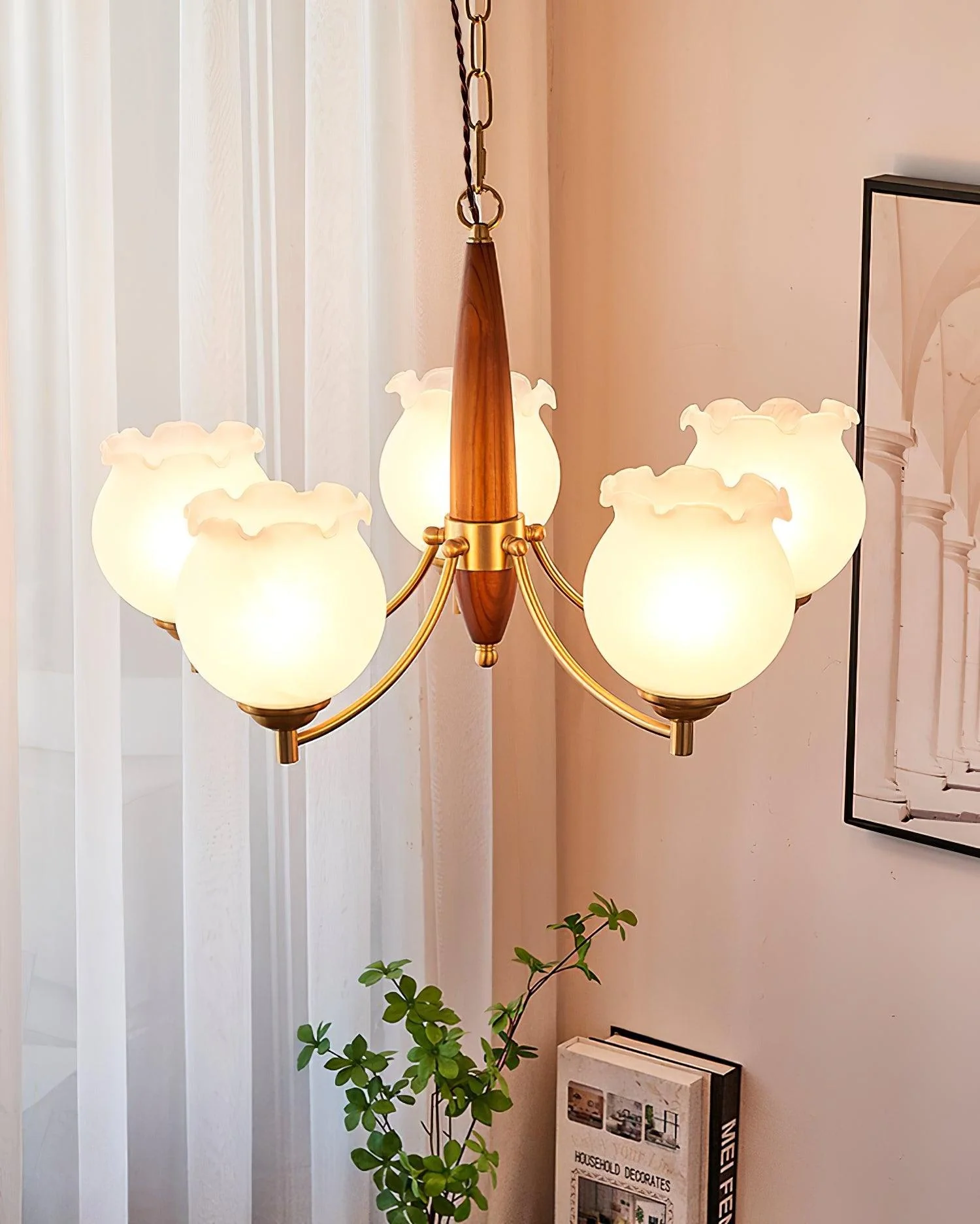 Люстра Tulips Glass Wood - 3 плафона ∅50см x 38см, латунь, дерево, белый